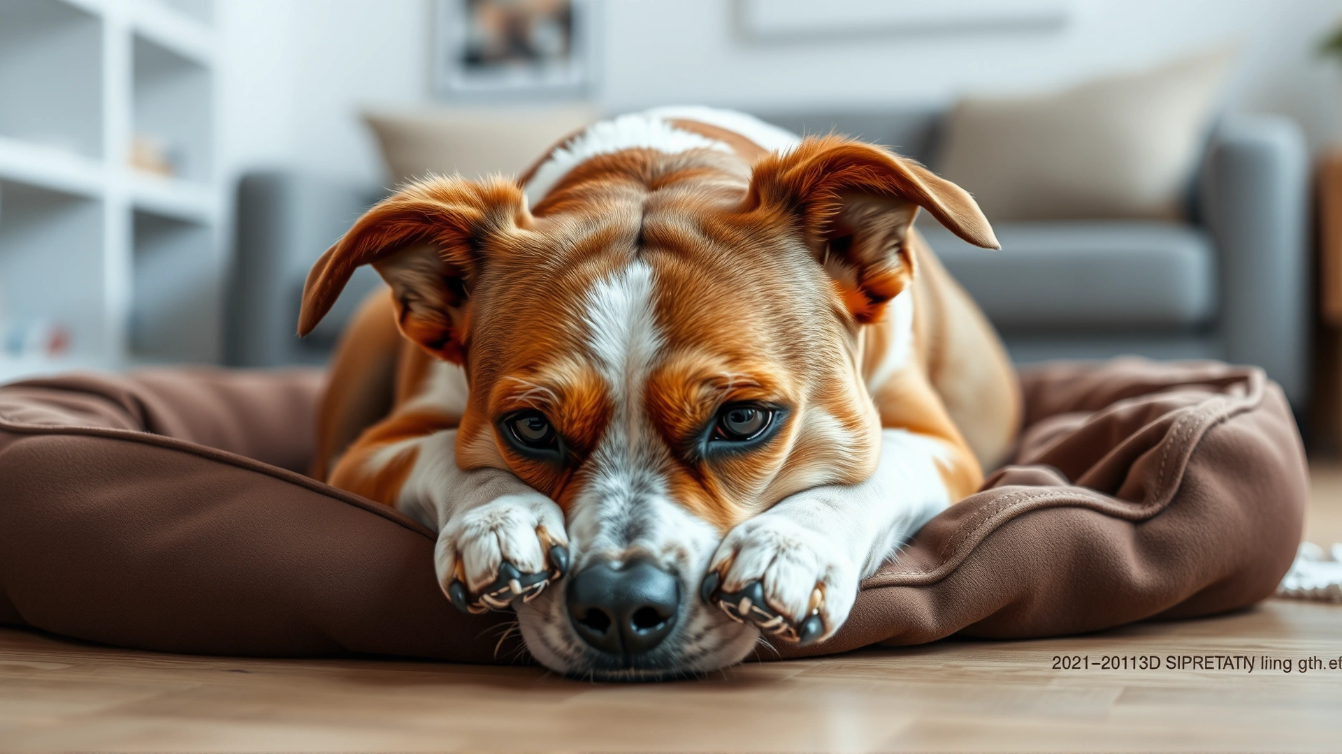 Brown and white dog lying on its side looking slightly uncomfortable on a dog bed in a living room, soft lighting, shallow depth of field