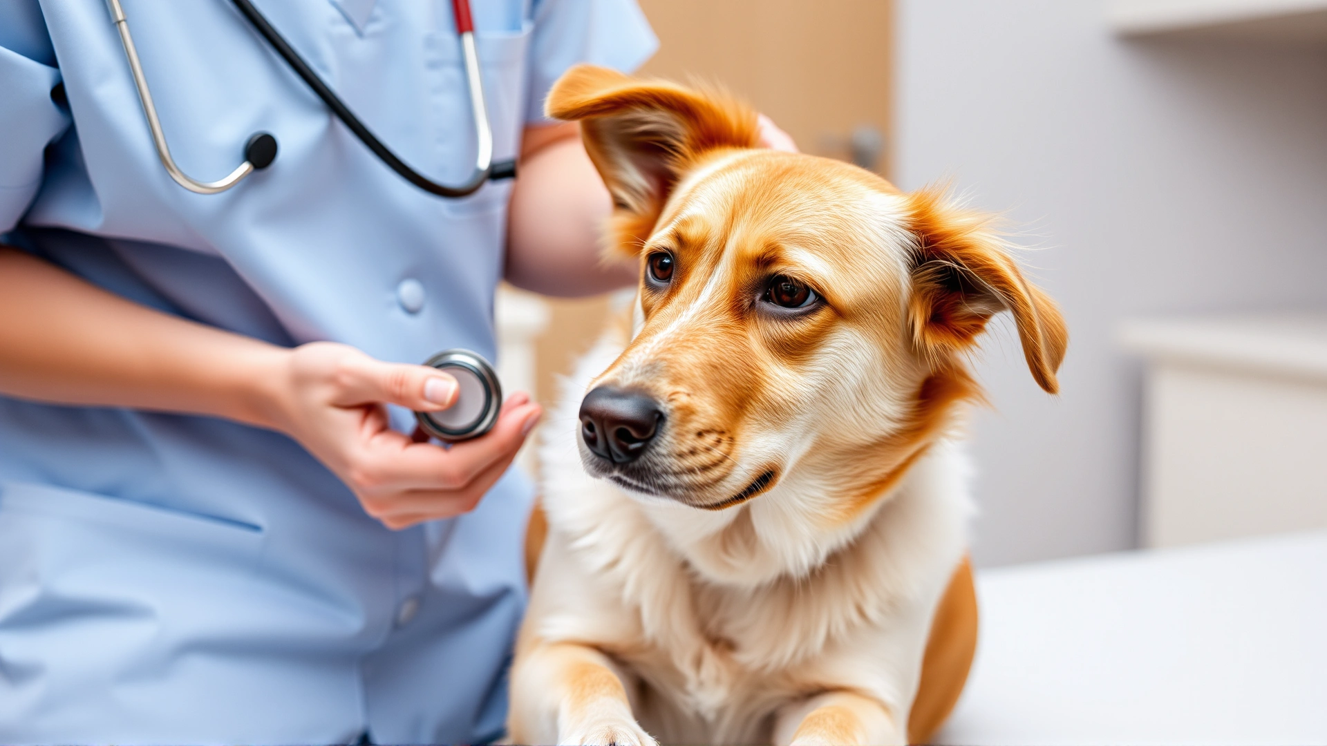 Medium-sized dog being examined by a veterinarian holding a stethoscope, both looking at each other calmly in a clinic setting.