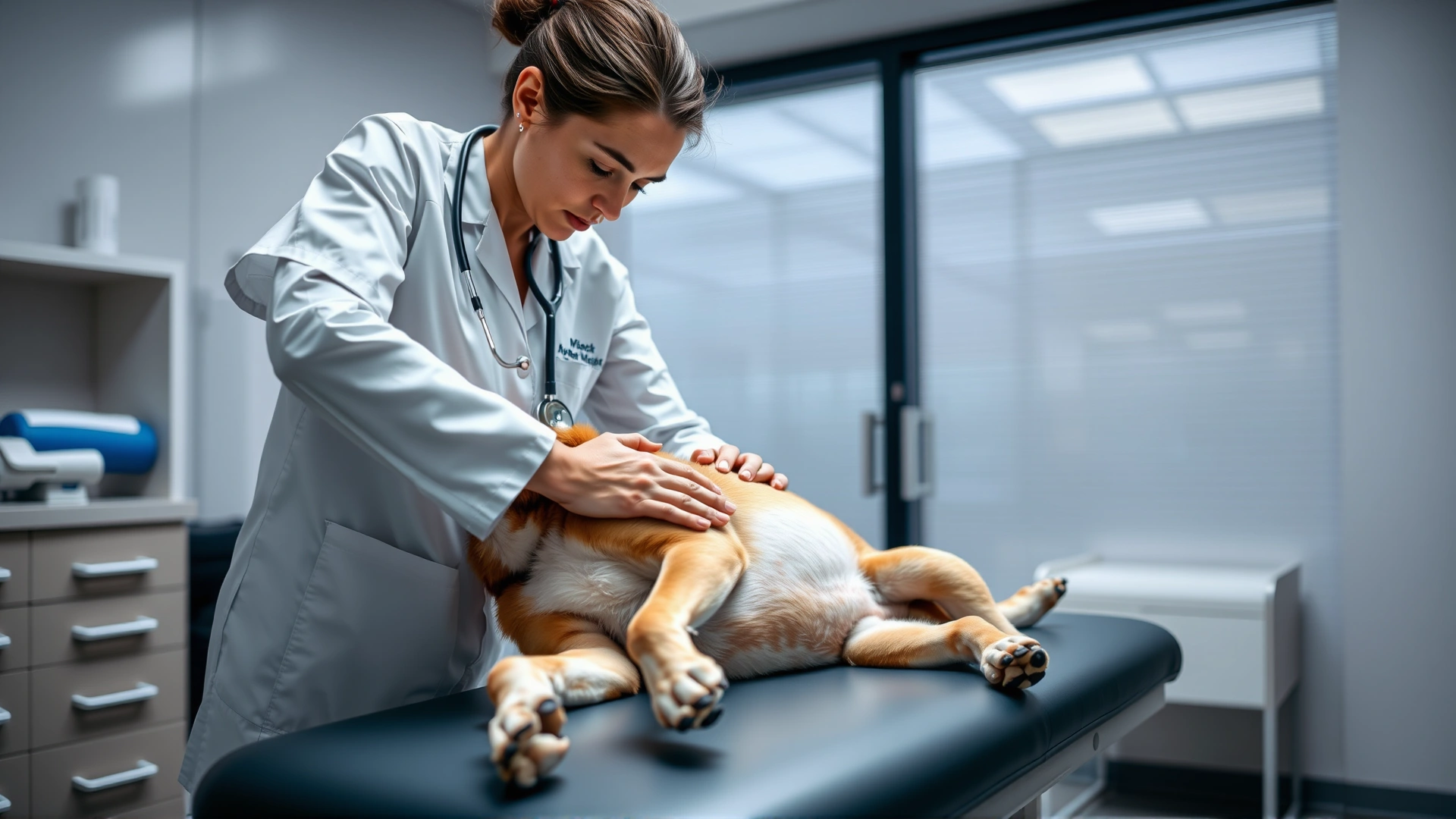 Veterinarian gently examining a dog's abdomen on an exam table in a modern clinic, stethoscope visible, bright clinical lighting.