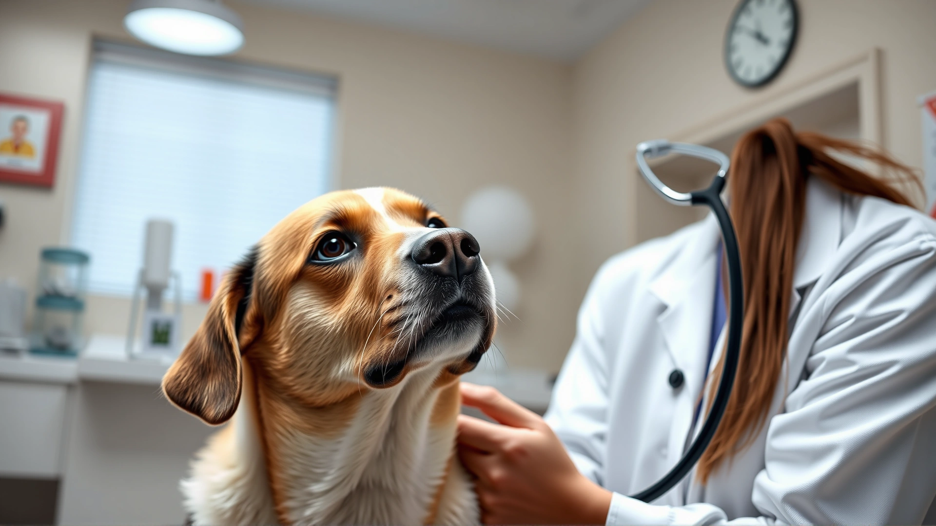Veterinarian checking a medium-sized dog’s breathing with a stethoscope in a well-lit clinic