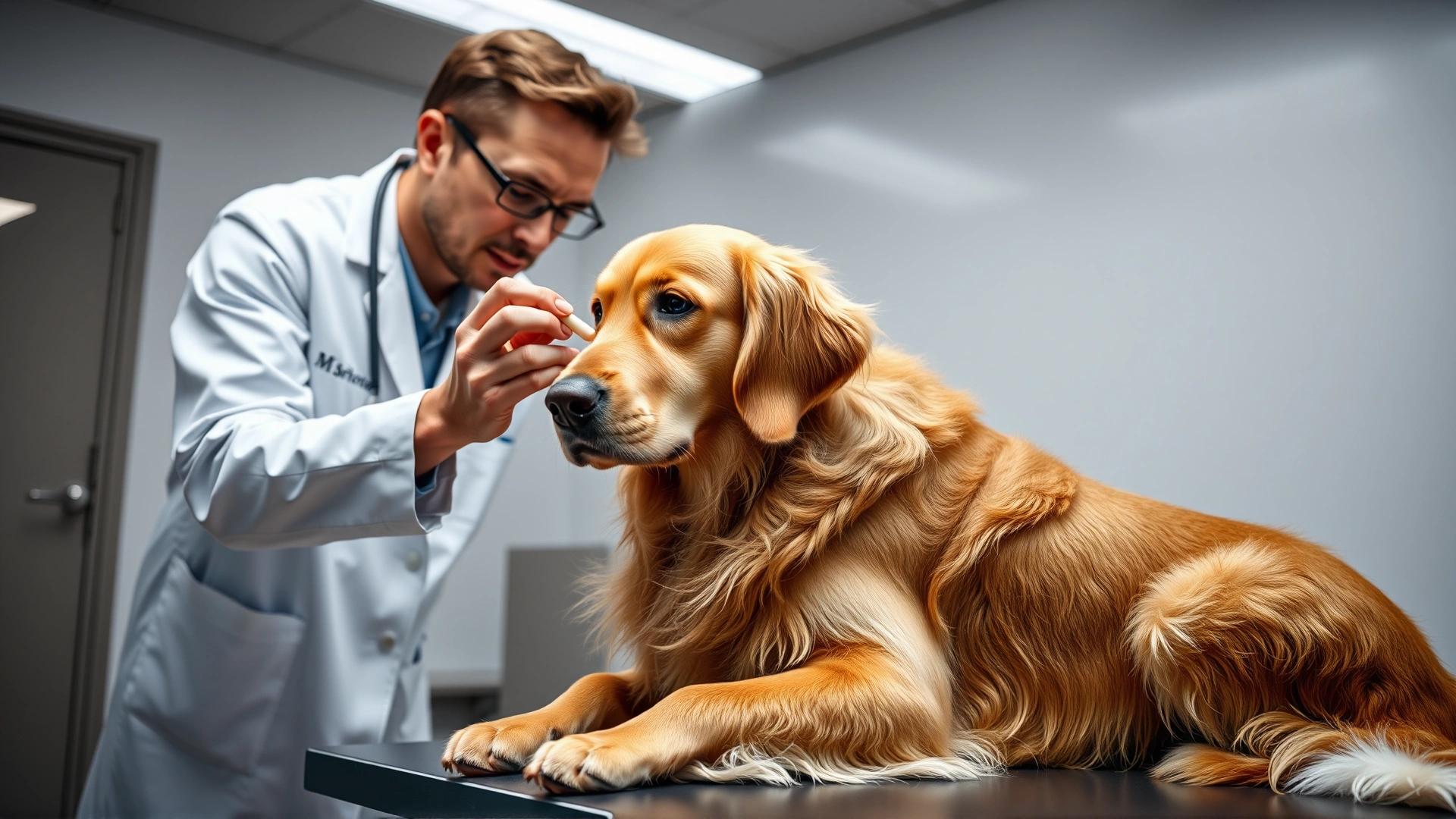 A veterinarian in a white coat gently offering a pill to a calm golden retriever sitting on an examination table; bright clinical environment