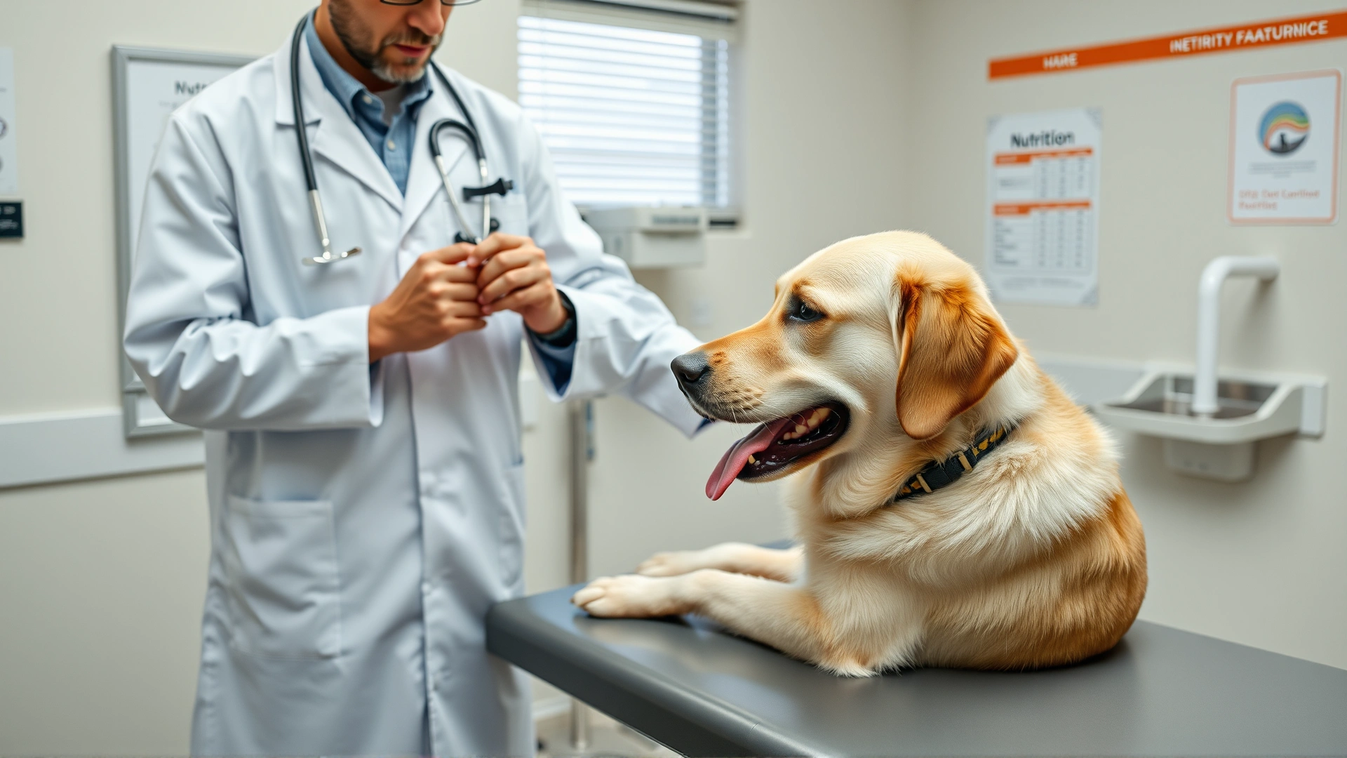 Veterinarian wearing white coat examining a Labrador Retriever on an exam table and pointing at a nutrition chart, veterinary clinic interior, no text