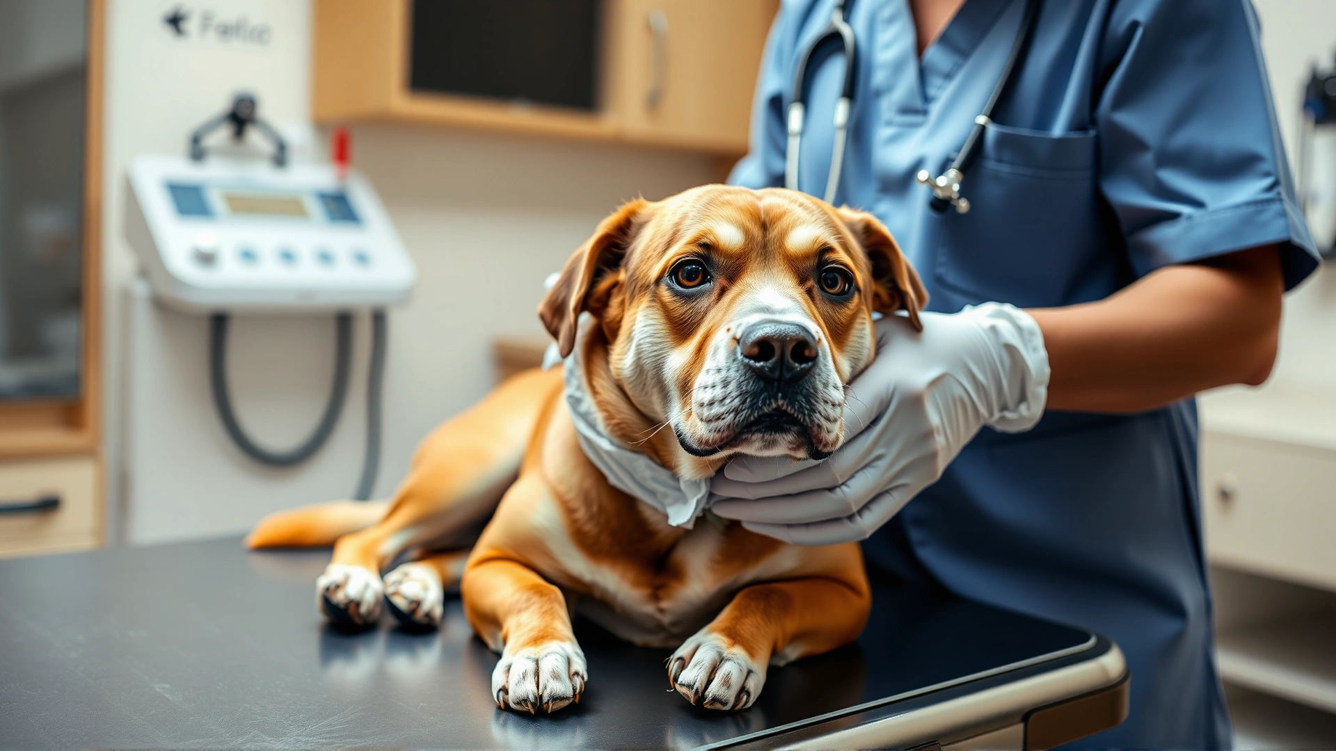 A veterinarian gently examining a medium-sized dog on an exam table, medical equipment blurred in background
