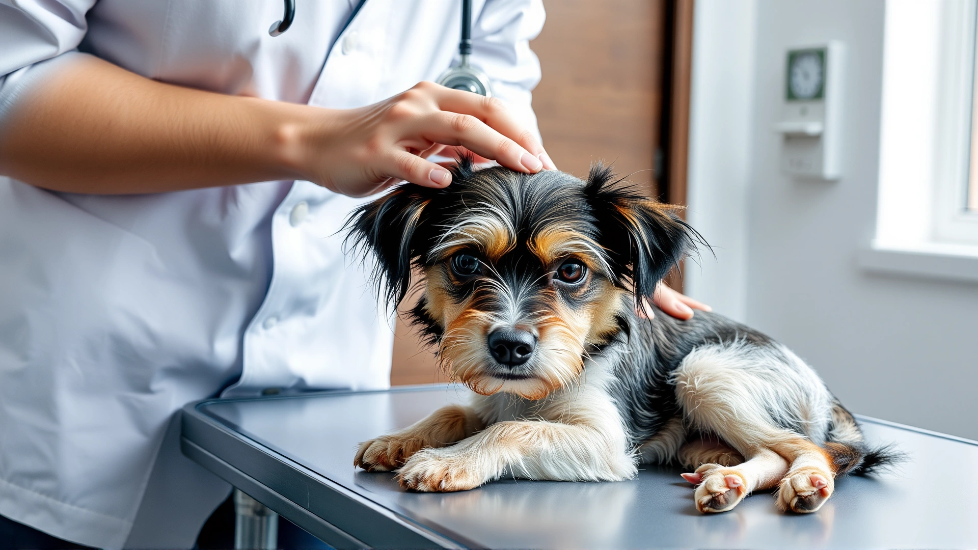 Veterinarian gently examining a small mixed-breed dog on an exam table; the dog appears relaxed but slightly weary, representing health evaluation.