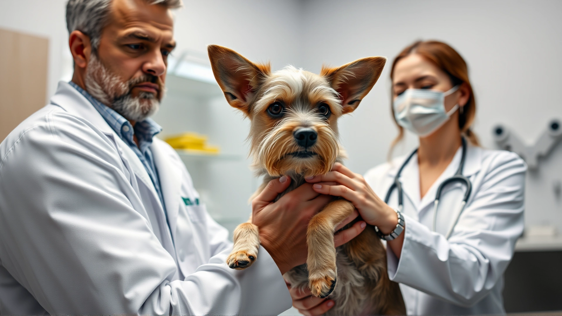 Concerned owner holding a small terrier while a veterinarian in a white coat examines the dog in a modern clinic, no text