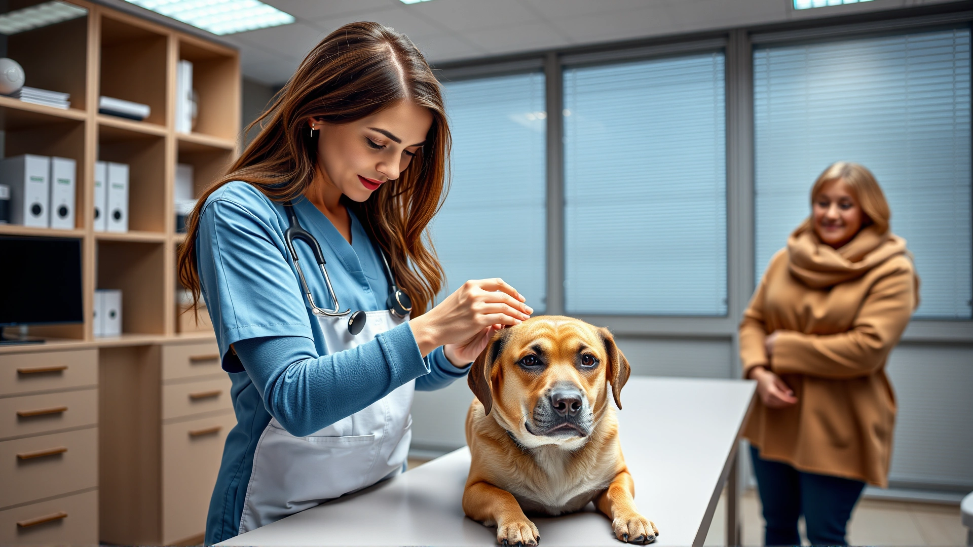 Female veterinarian in a modern clinic gently examining a medium-sized dog while the owner watches
