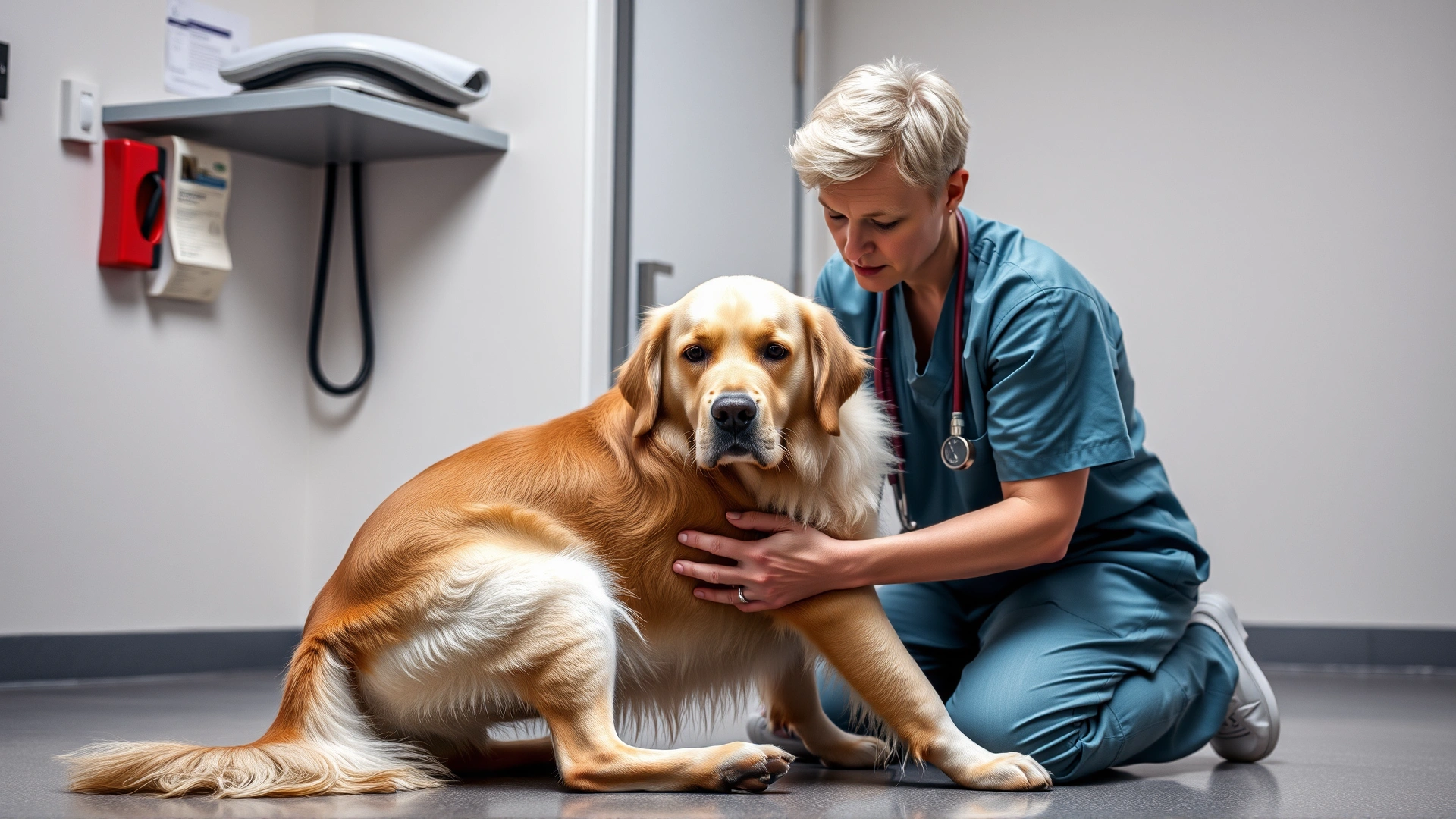 Veterinarian kneeling beside a Golden Retriever in a clinic, gently palpating the dog's rear leg while the dog looks calm.