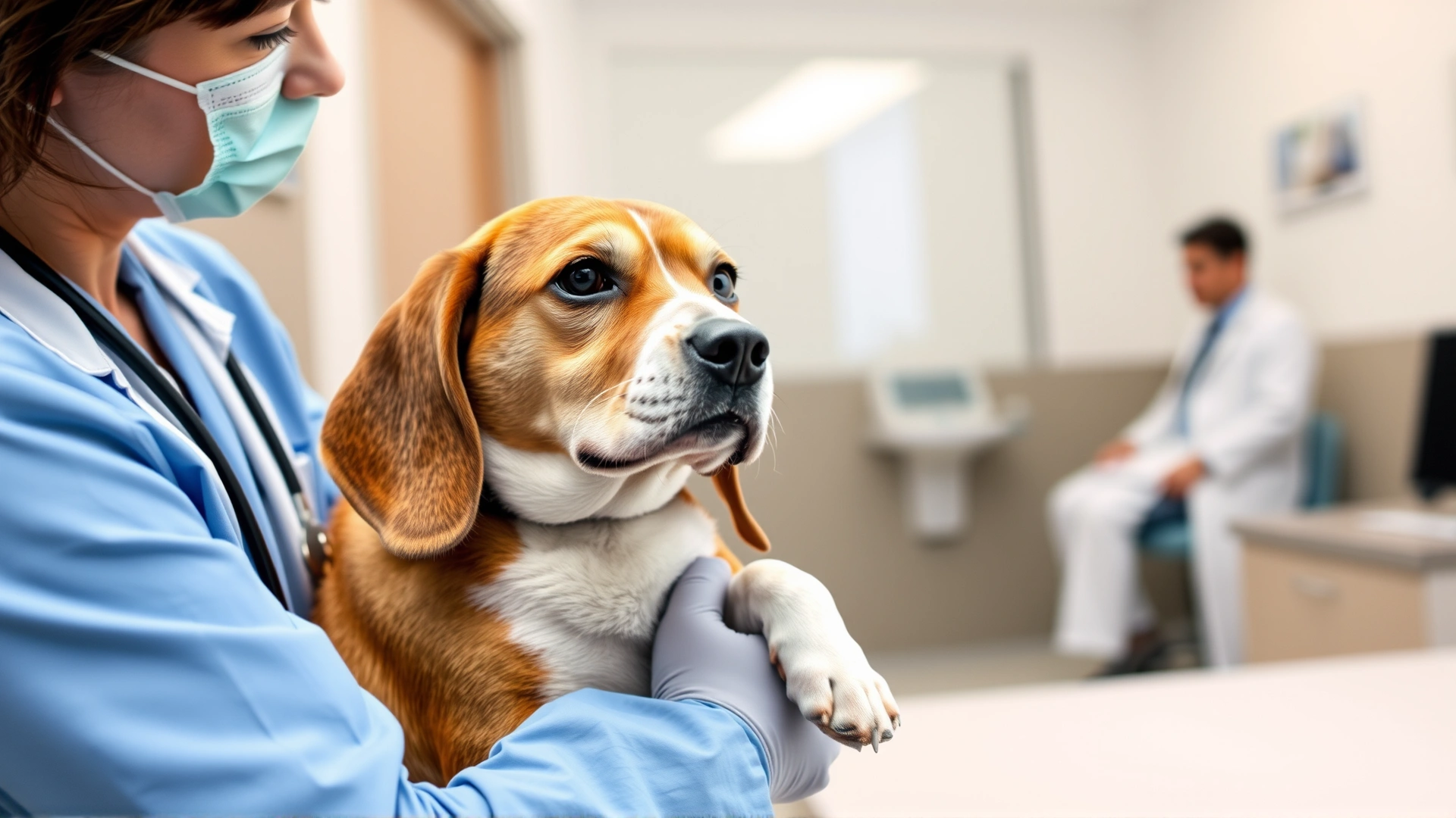 Owner holding senior Beagle while veterinarian in white coat examines the dog in a modern clinic.