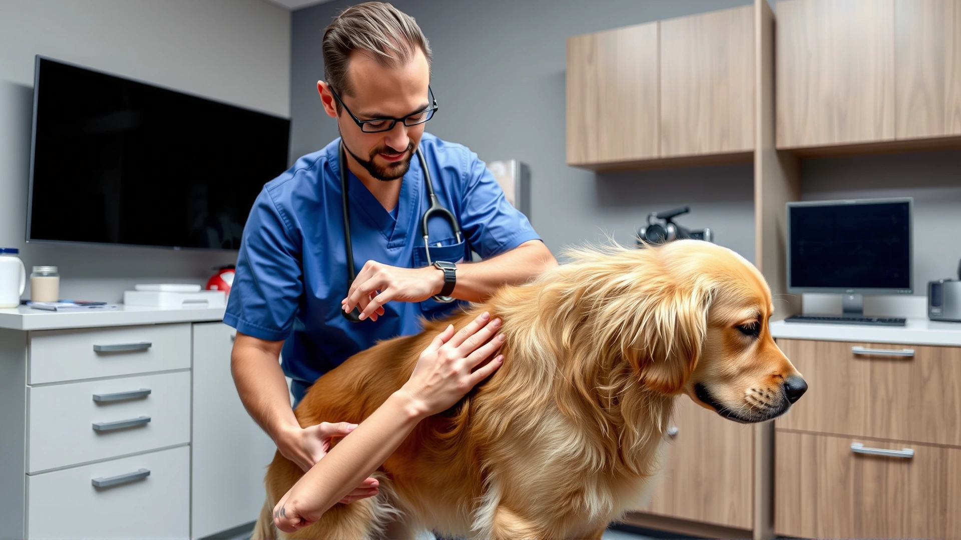 Experienced veterinarian gently palpating a golden retriever's abdomen during a routine urinary checkup in a modern veterinary clinic.
