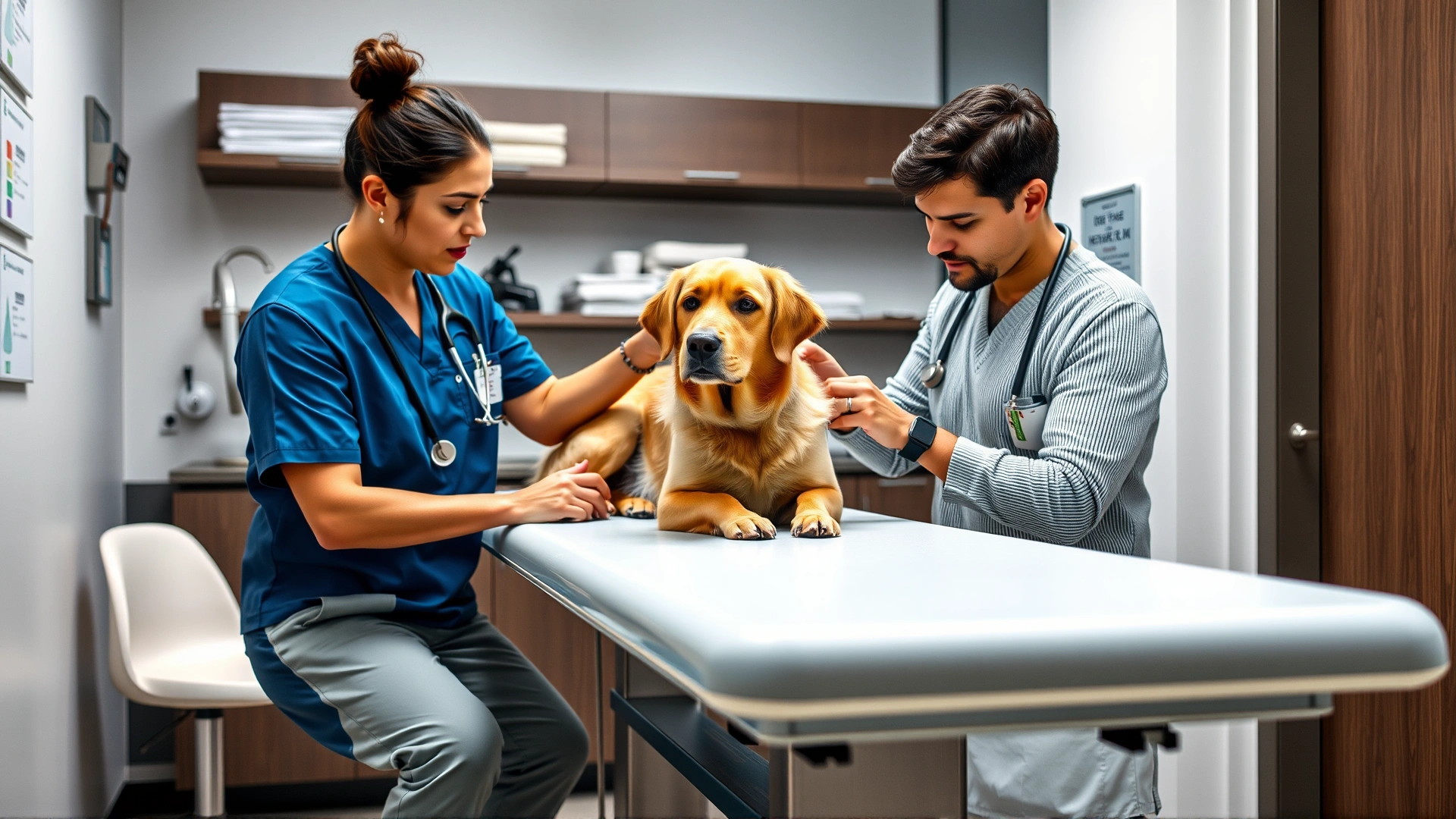 Modern veterinary clinic scene with a veterinarian examining a calm dog on the exam table while the owner watches attentively.