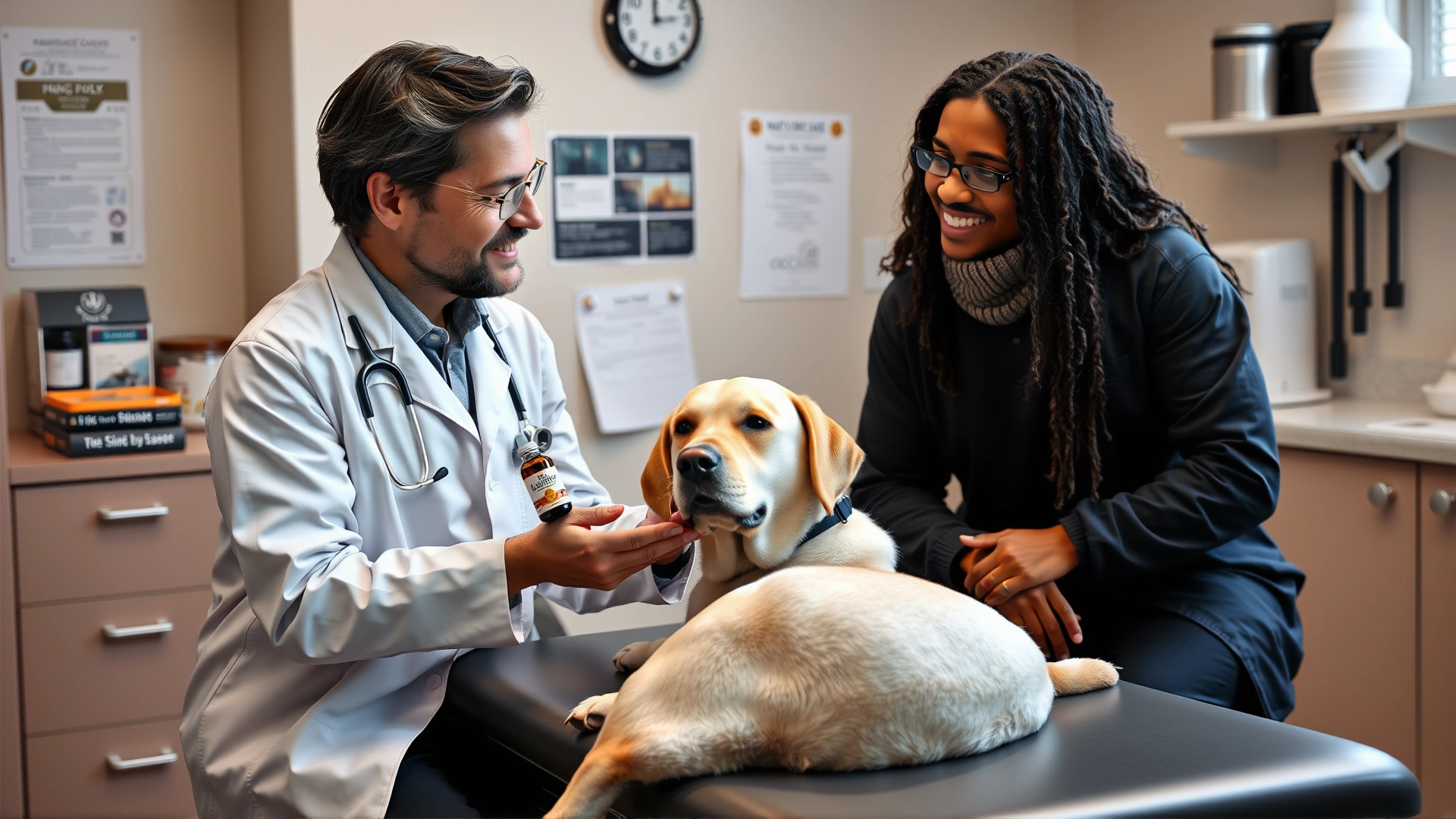 Friendly veterinarian in a white coat discussing a small bottle of CBD oil with a dog owner while a relaxed Labrador sits on the exam table, clinic environment, no text.