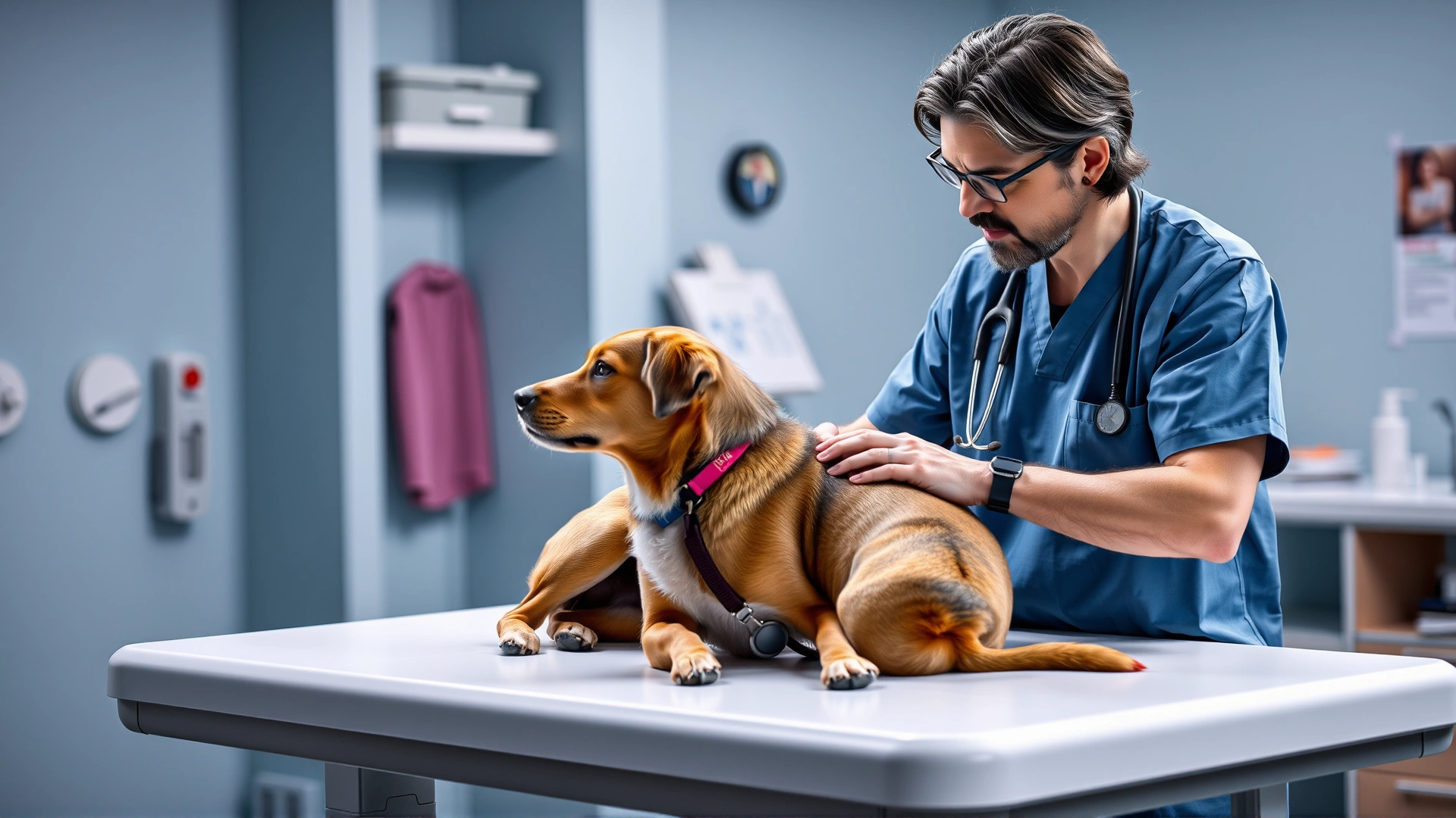 Veterinarian speaking with a pet owner while gently examining a medium-size dog on the clinic table, conveying professional care