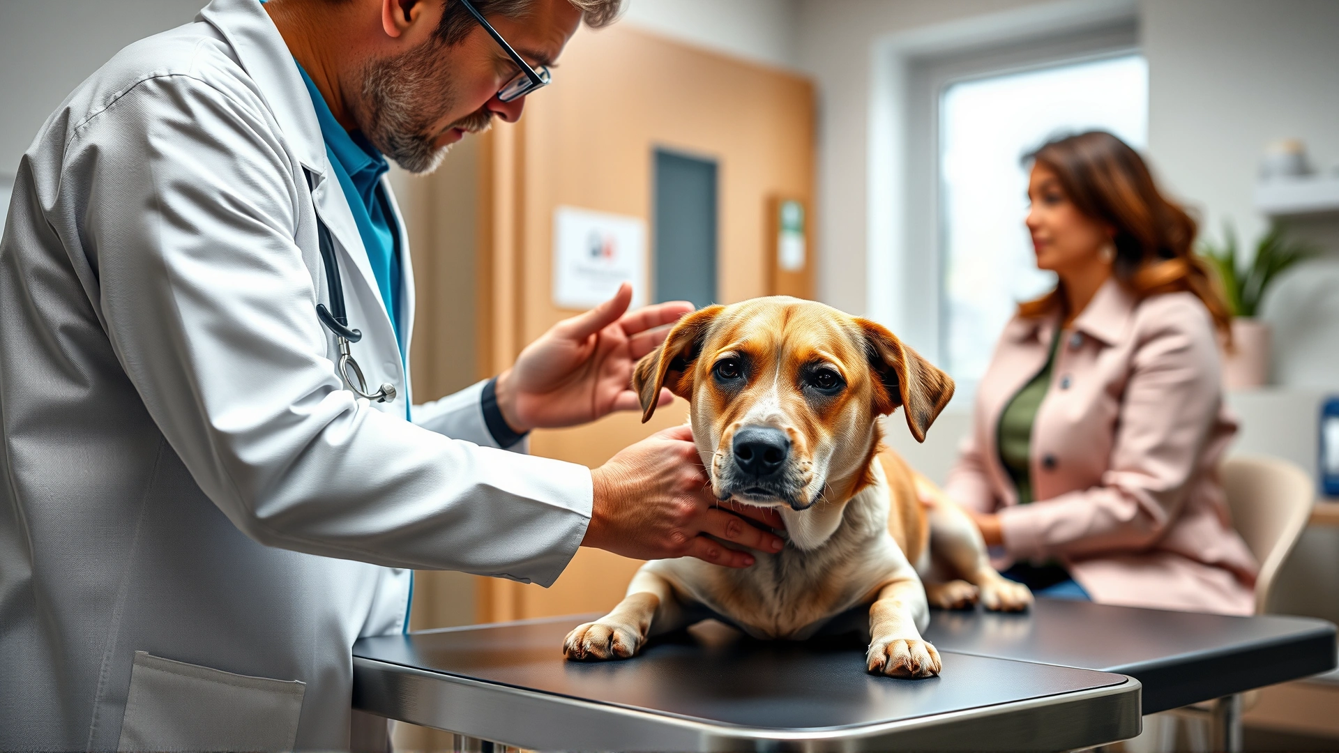 Close-up of a veterinarian discussing with a pet owner while gently examining a medium-sized dog on a consultation table, bright and friendly clinic.