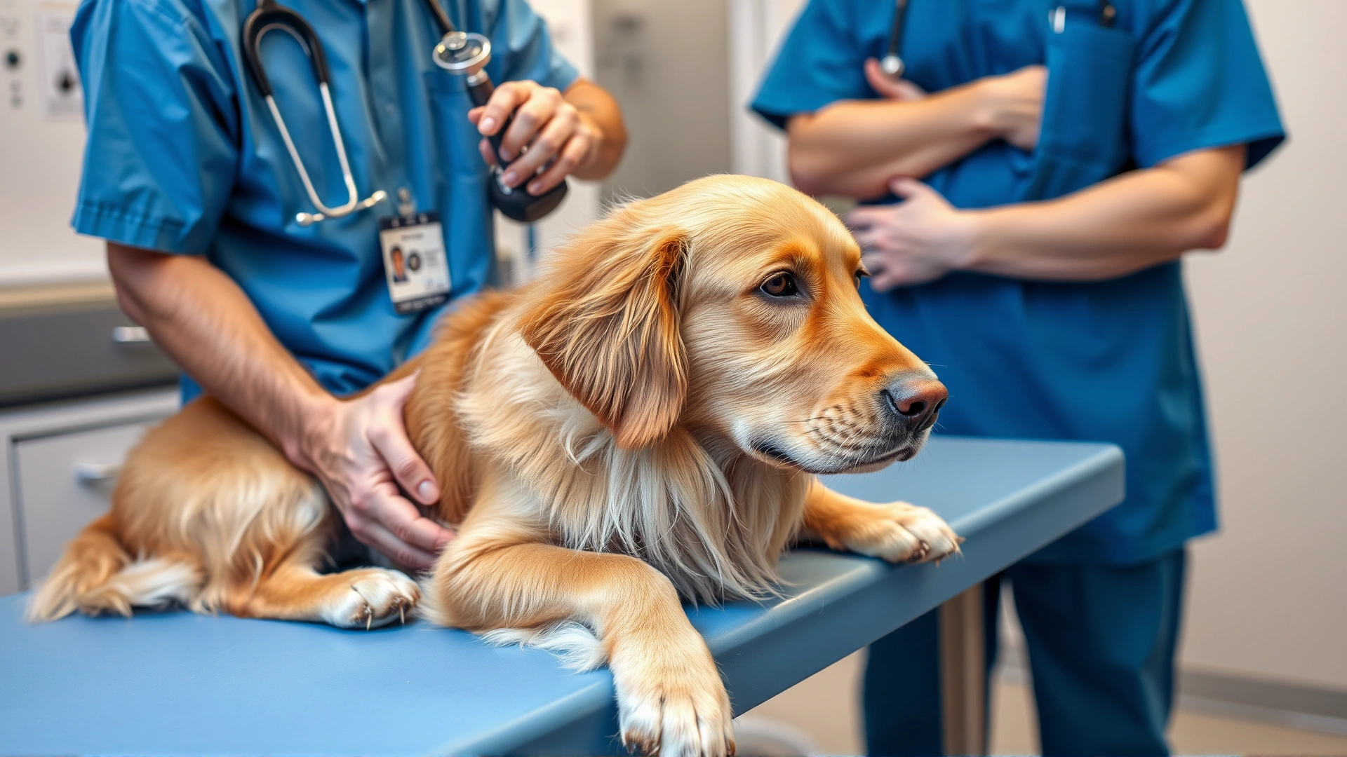 Medium shot of veterinarian examining a golden retriever on clinic table while concerned owner watches