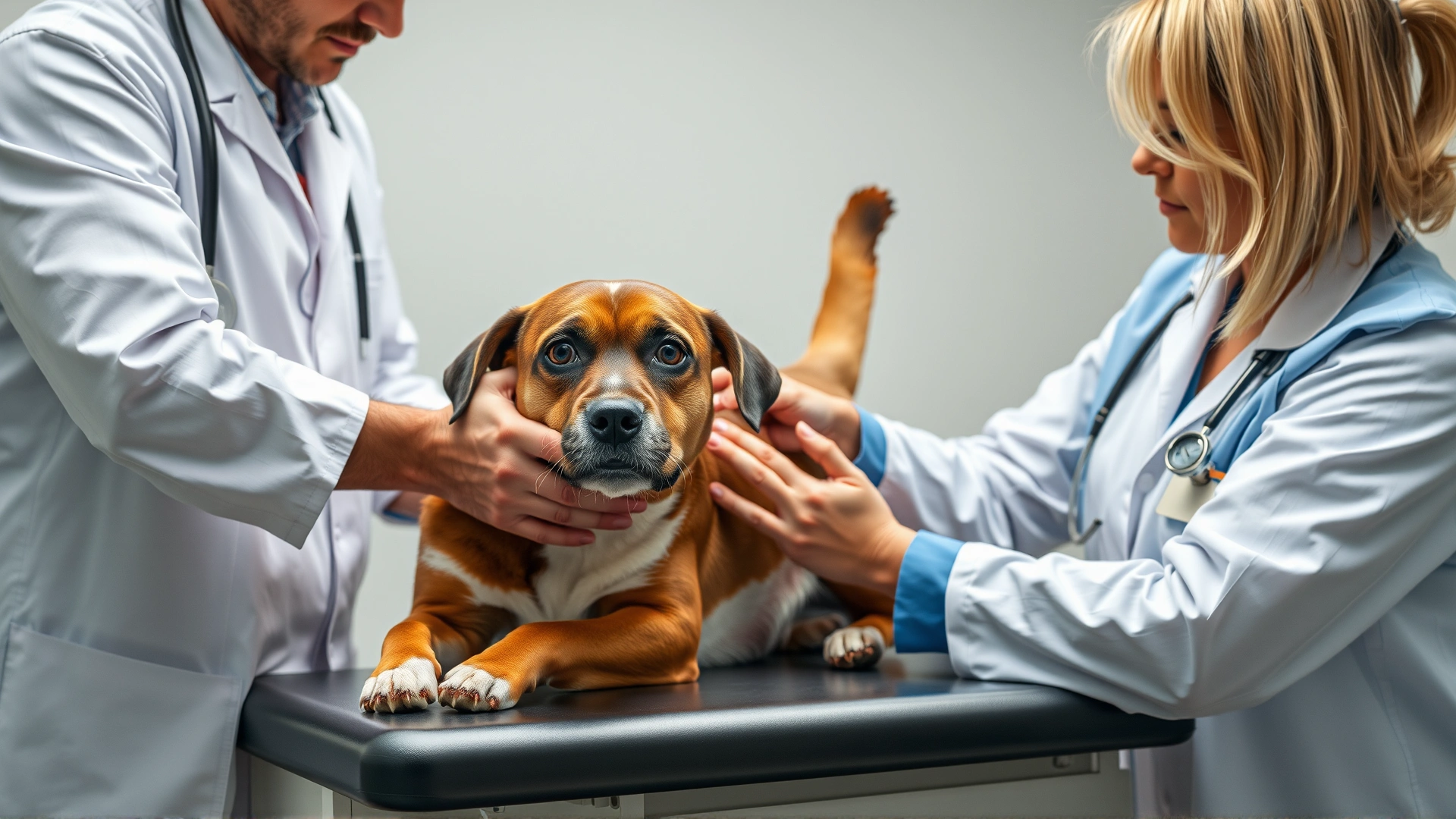 Veterinarian gently examining a dog's leg on an exam table while the dog looks slightly uncomfortable.