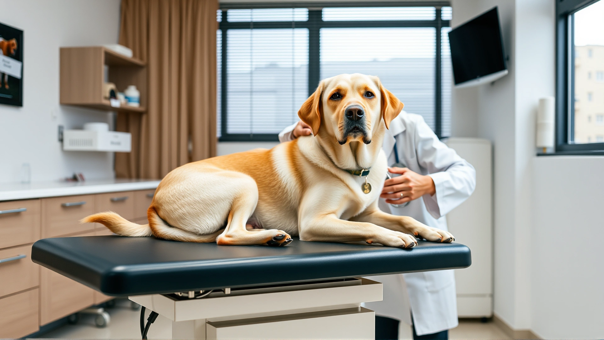 A veterinarian in a white coat gently examining a calm Labrador Retriever on an examination table in a modern clinic.