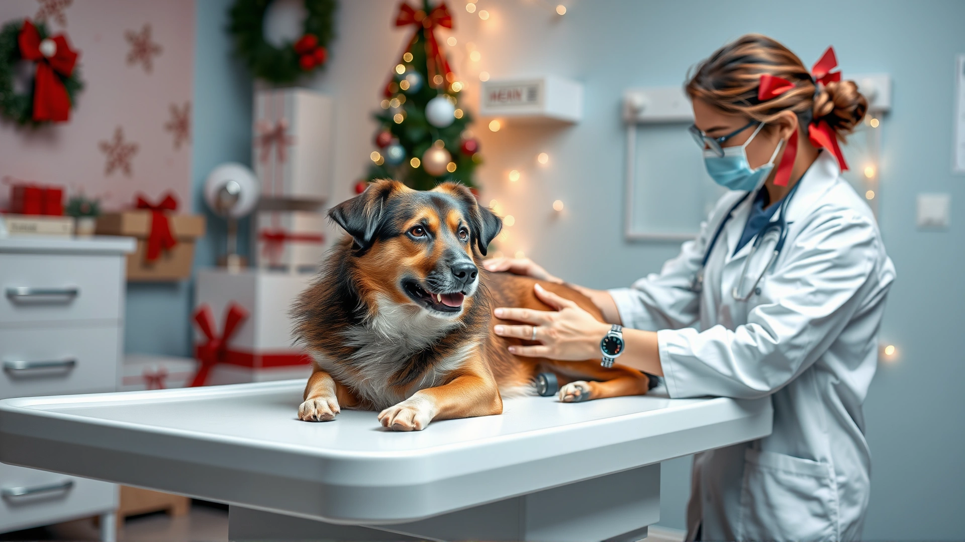 Veterinarian gently examining a medium-size dog on an exam table decorated with subtle holiday accents in the background, no text