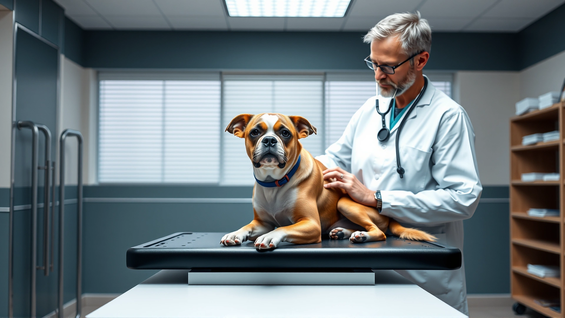 Veterinarian examining a medium-sized dog on an exam table using a stethoscope in a modern clinic