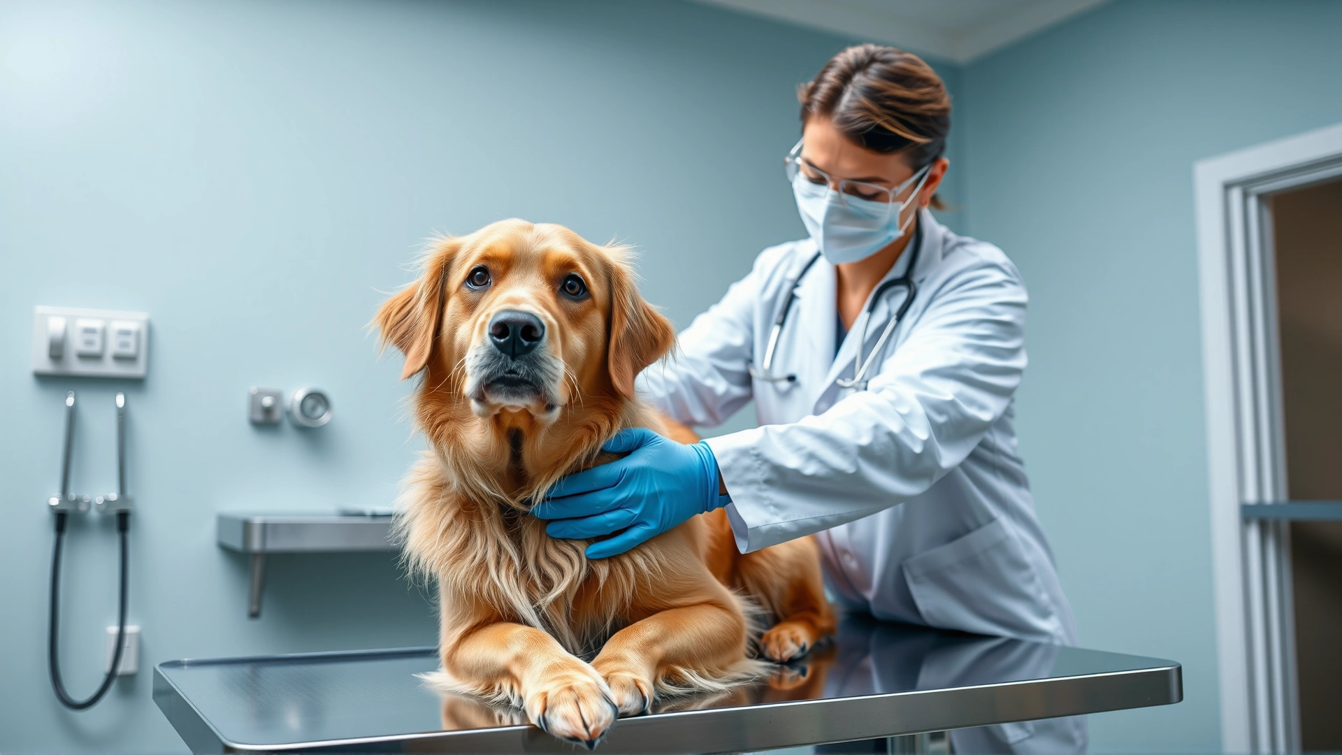 Veterinarian gently examining a golden retriever on a stainless steel exam table, clinic background, bright and clean, high resolution