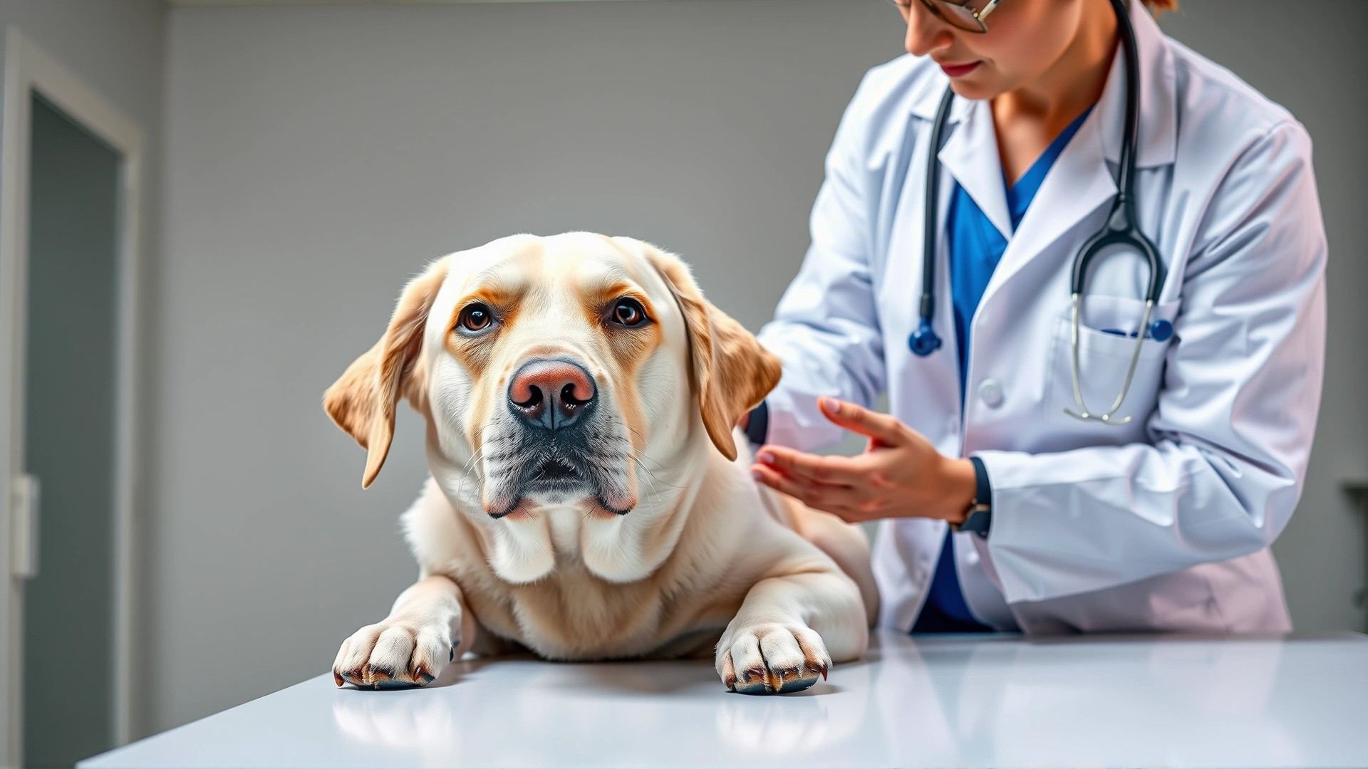 Veterinarian in white coat gently inspecting a Labrador retriever’s ear on an exam table, bright clinic setting, no text