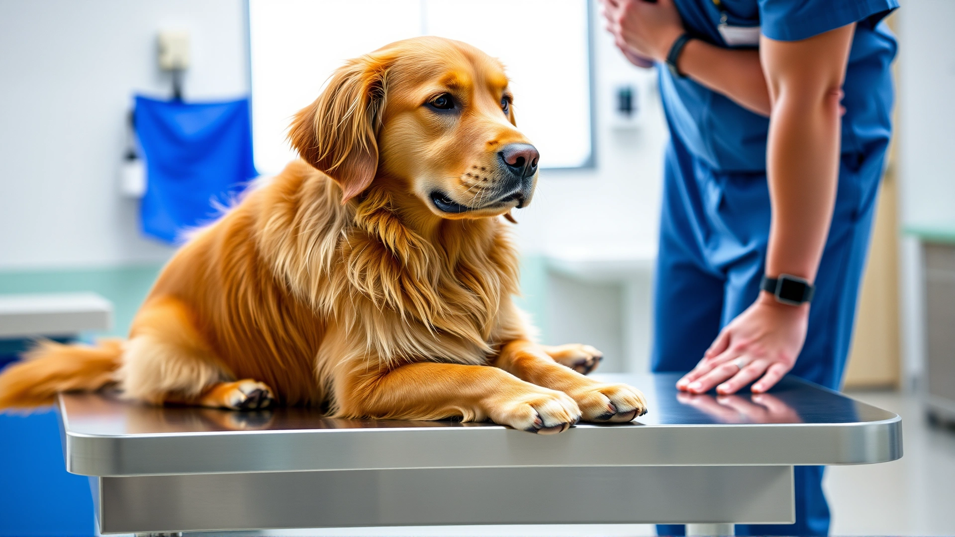 A medium-sized golden retriever sitting calmly on a stainless-steel veterinary table while a veterinarian in blue scrubs palpates its hind leg; bright clinic background slightly blurred, no text