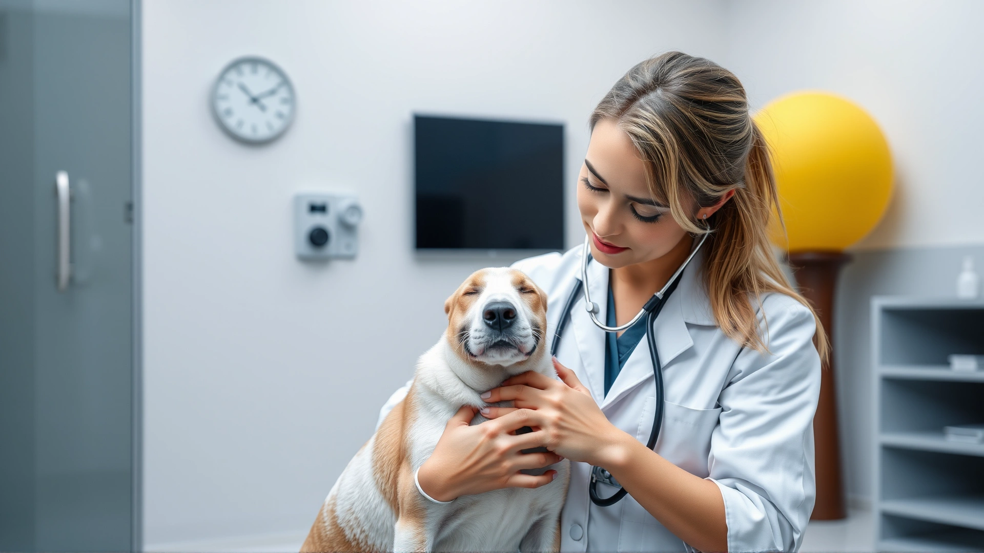 Veterinarian gently checking a dog's heartbeat with stethoscope in a modern clinic, both looking calm