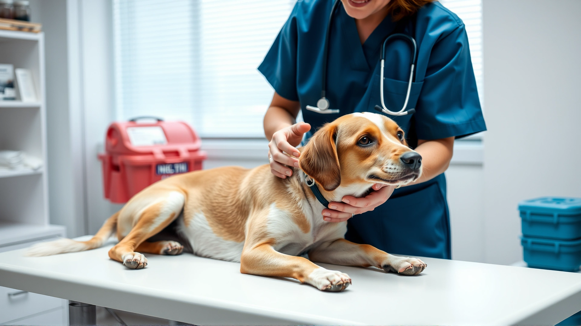 Medium shot of a veterinarian in a clinic gently examining a medium-sized dog on an exam table, stethoscope visible, bright and professional setting.