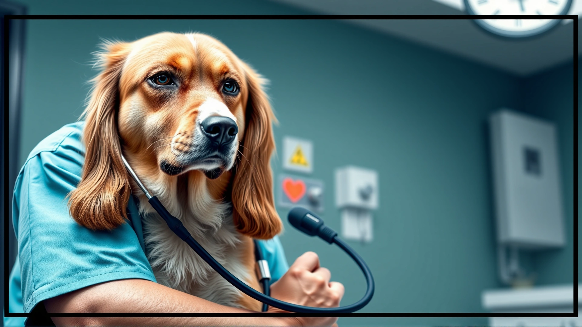 Veterinarian wearing scrubs listening to a calm dog's heartbeat with a stethoscope inside a clinic, no text