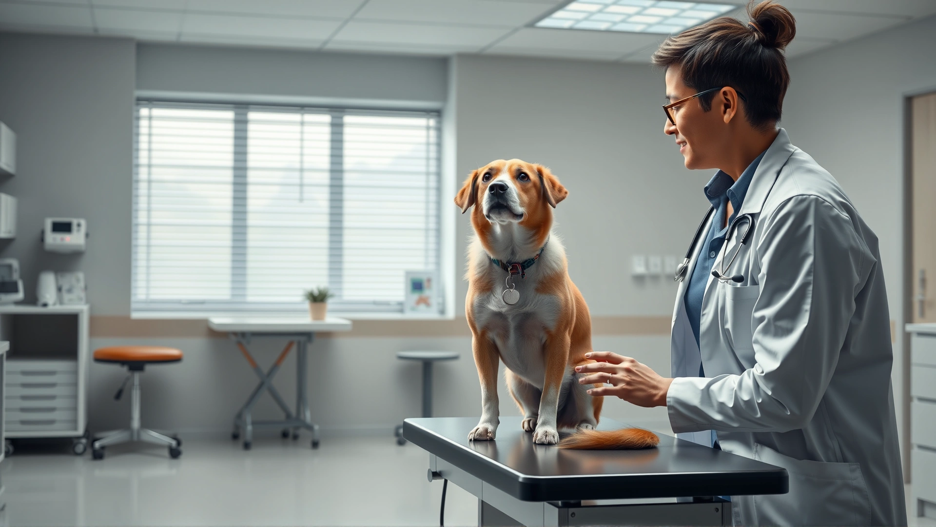 A concerned dog owner speaking with a veterinarian in a brightly lit clinic while the dog sits on the exam table