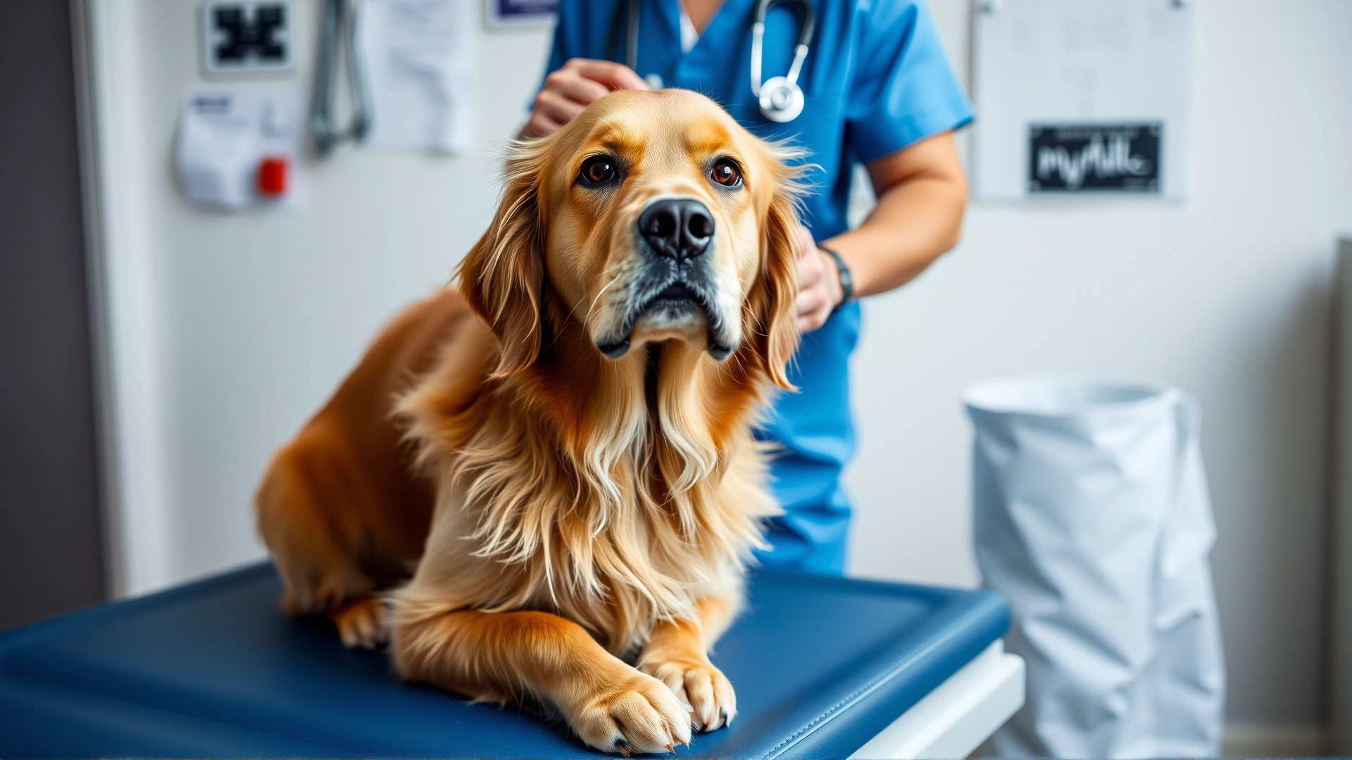 Concerned golden retriever sitting on an examination table while a veterinarian gently checks its vitals, veterinary clinic background