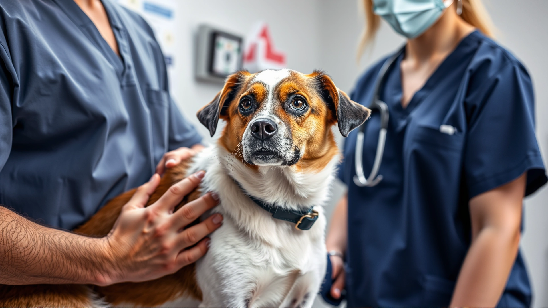 A concerned dog owner holding their dog in a veterinarian clinic while a vet examines the dog's abdomen.