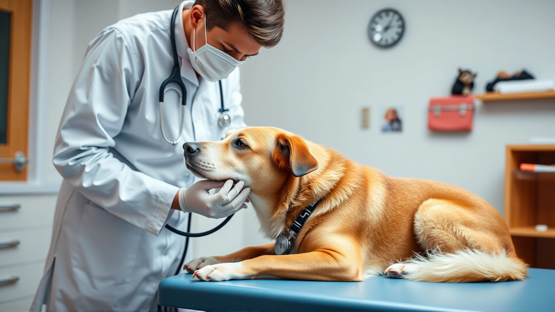 Veterinarian examining an adult dog on an examination table, clinic interior, stethoscope visible