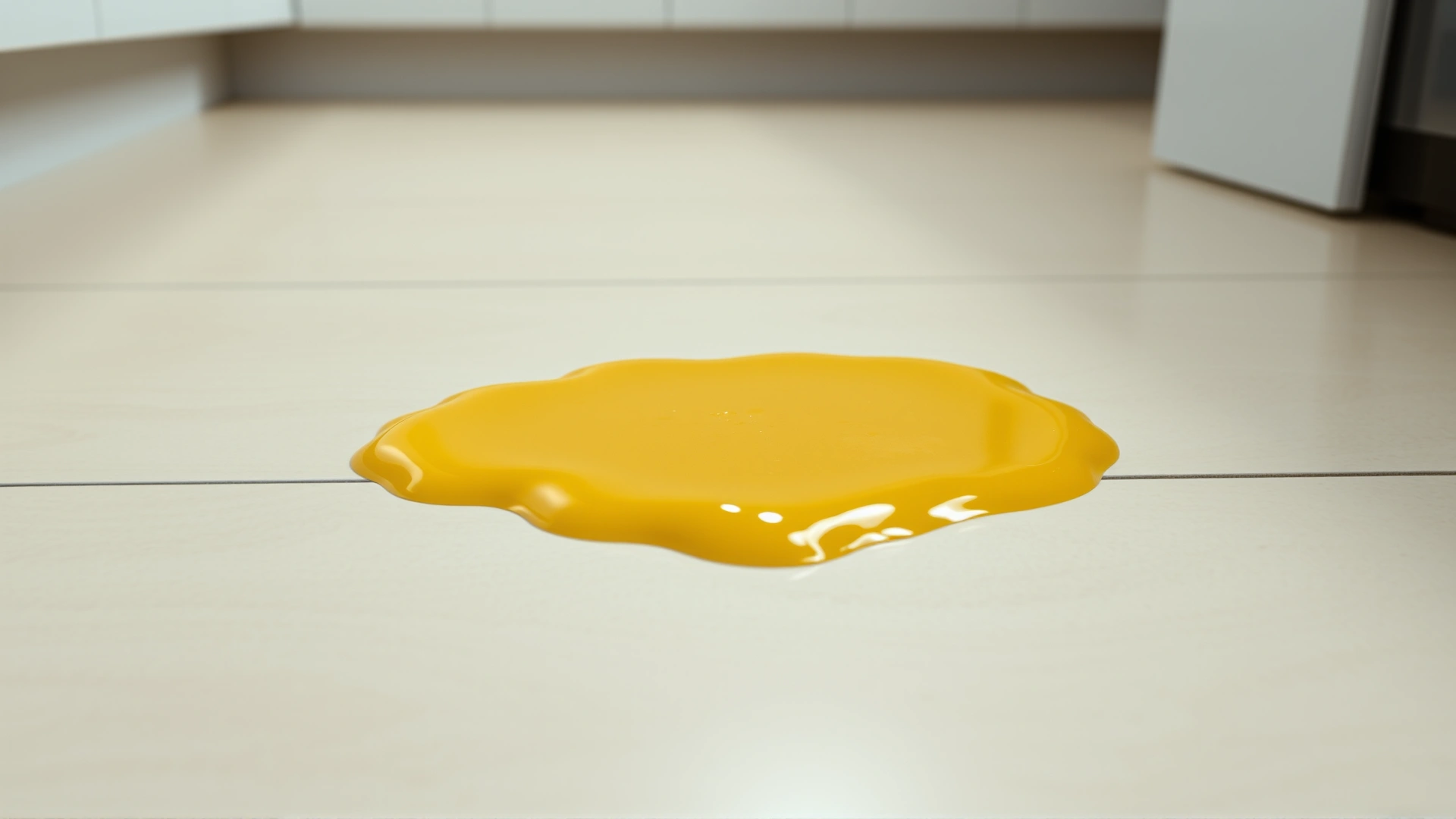 Close-up of a small puddle of yellow dog vomit on a neutral-colored kitchen floor (no text).