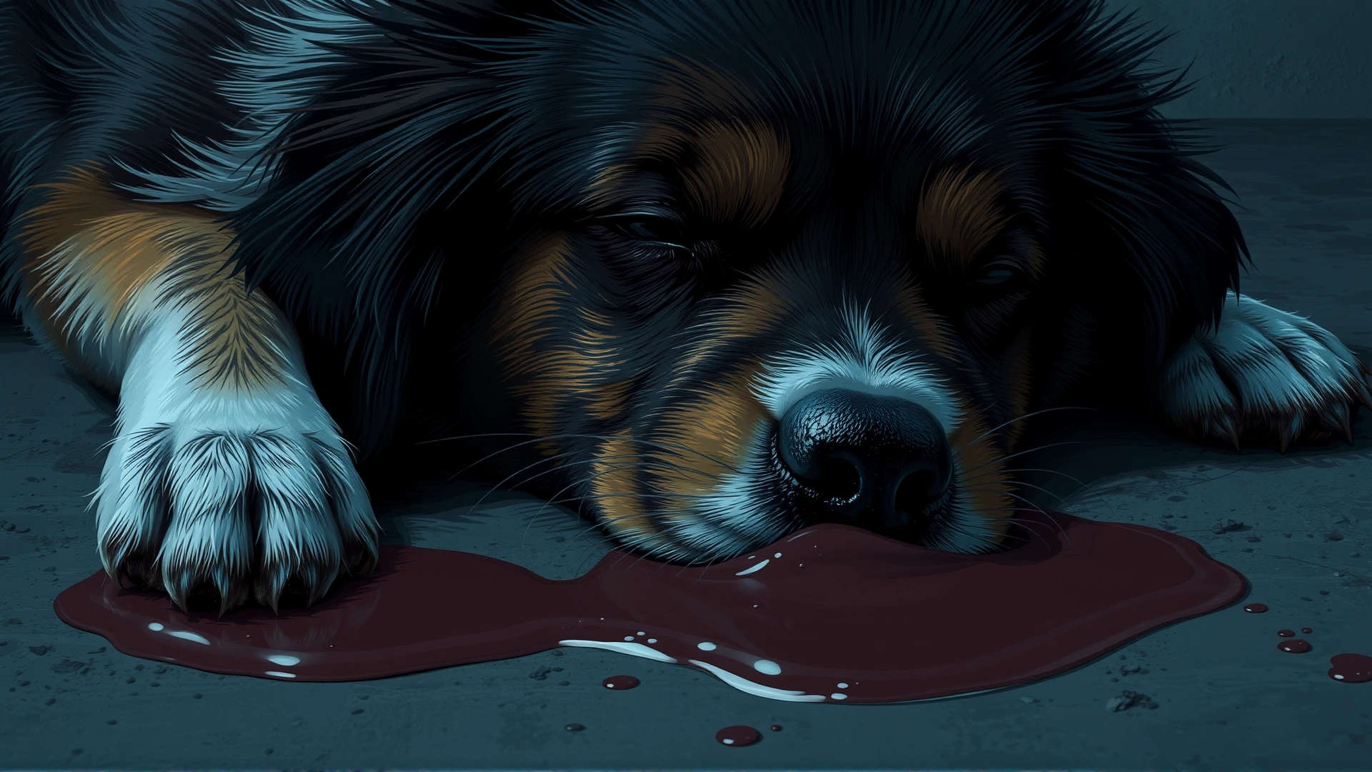 Close-up of a sick dog lying on its side next to a small puddle of vomit, muted colors, illustrative but realistic