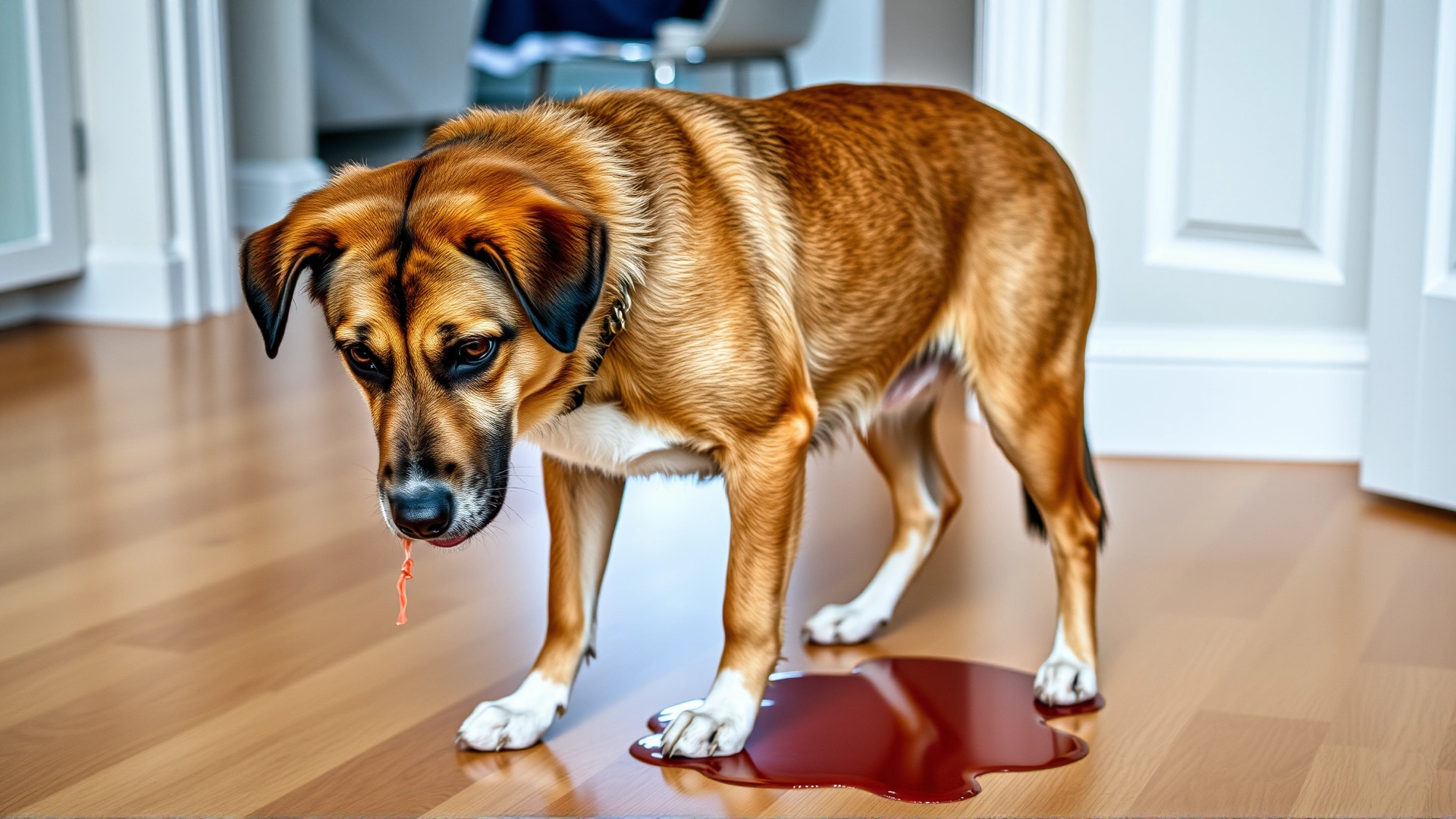 Medium-sized mixed-breed dog standing on hardwood floor with a small puddle of vomit near its mouth; the dog looks slightly uncomfortable but alert; indoor lighting.