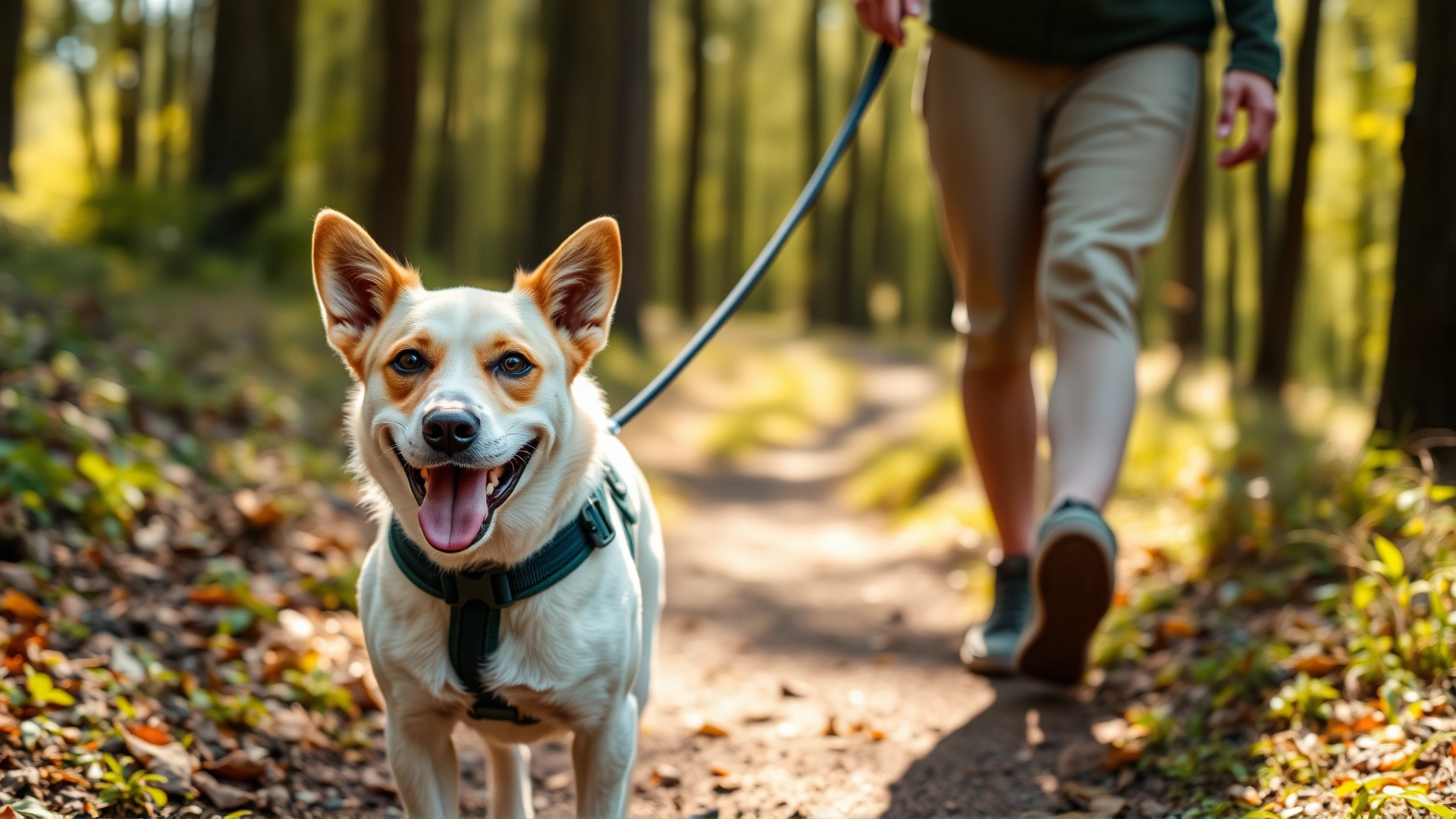 Adopted rescue dog wearing a harness walking happily with its owner on a leafy forest trail in warm sunlight