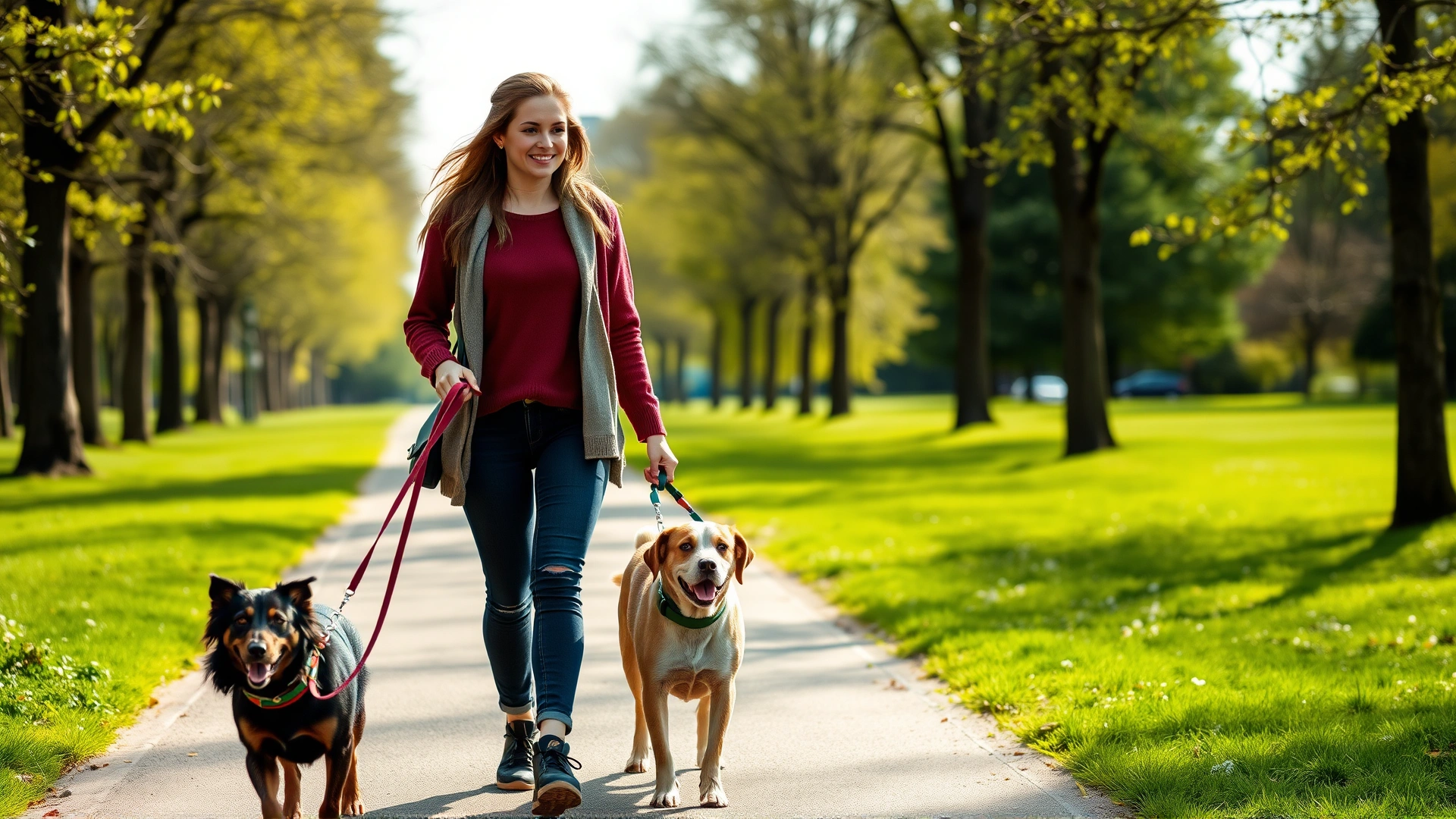 Young woman dog walker strolling with two dogs on leashes in a green park path, bright daylight, no text