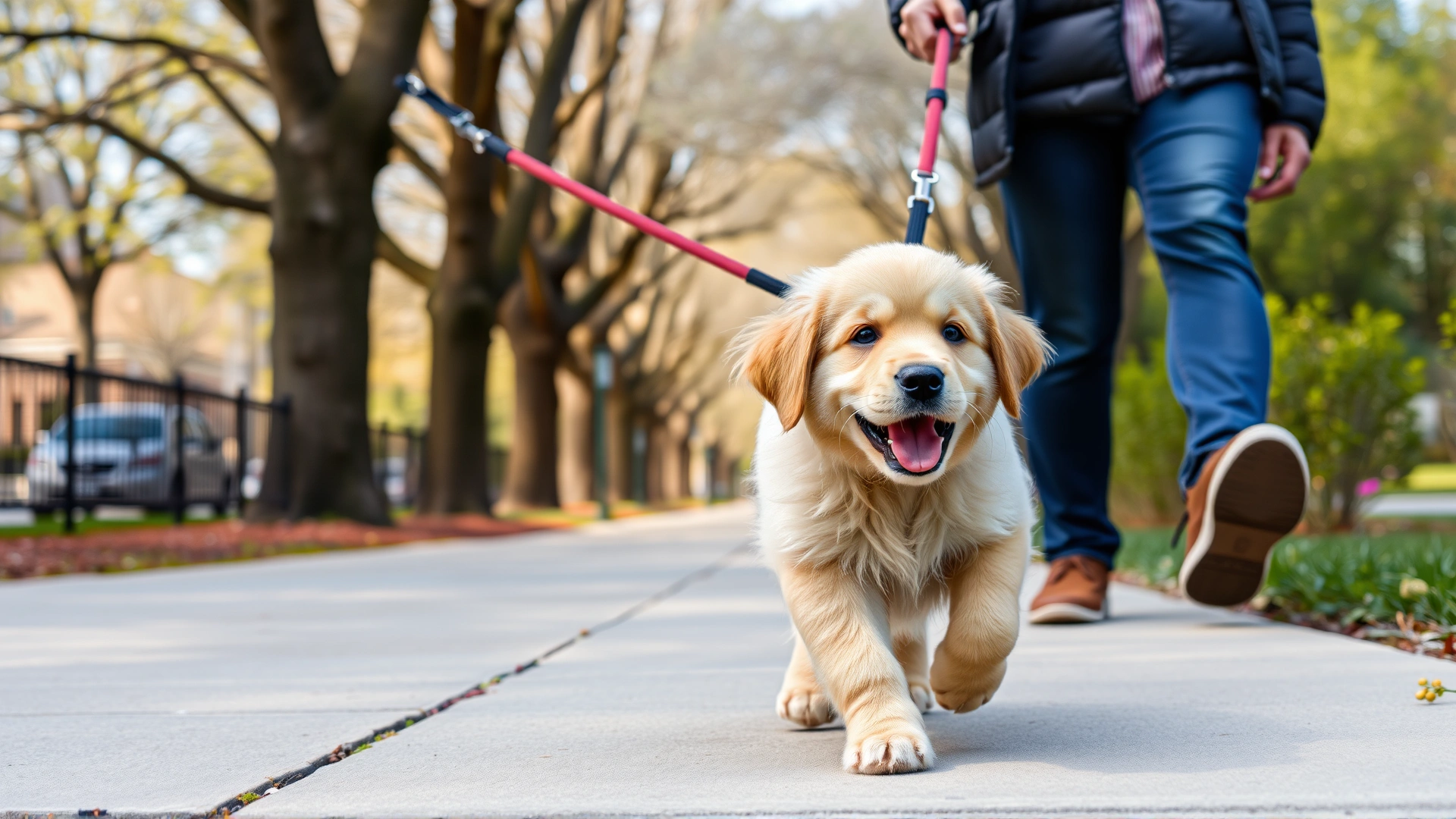 Owner walking a playful golden retriever puppy on leash along a tree-lined sidewalk in early spring.
