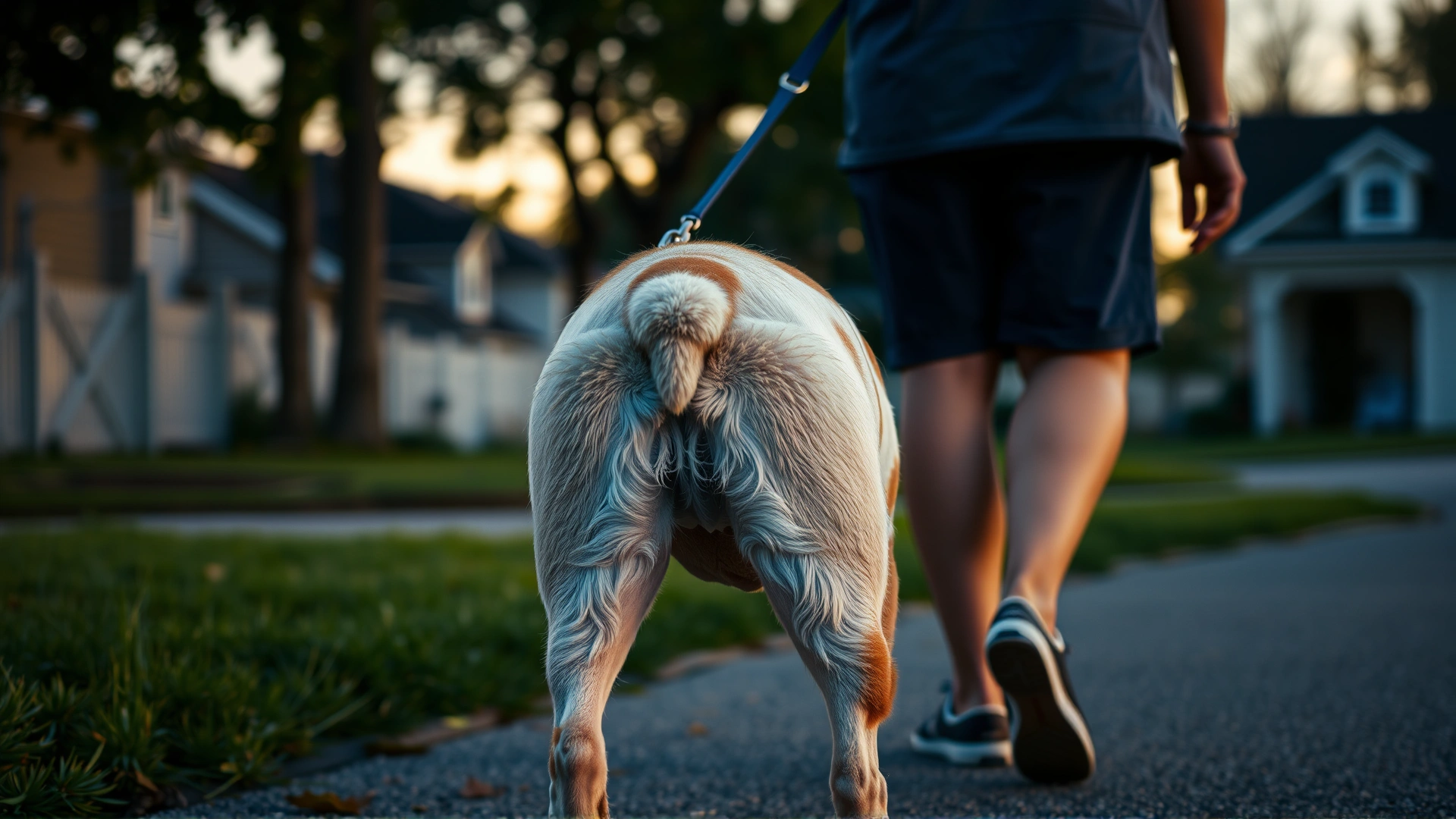 Side view of a dog with a shaved patch on its foreleg (subtle indication of treatment) walking slowly with its owner during sunset in a quiet neighborhood.