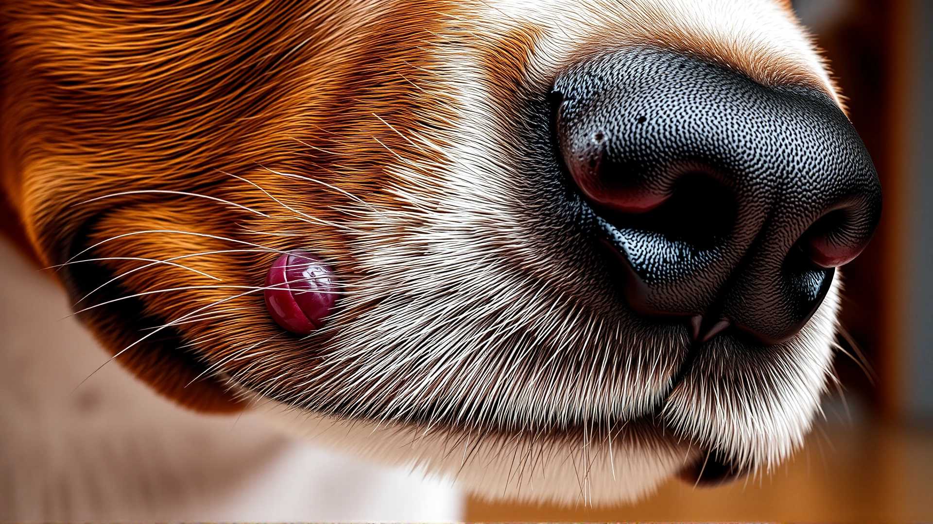 Macro close-up photograph of a canine papilloma on a dog’s lower lip, showing texture and color in detail, sharp focus