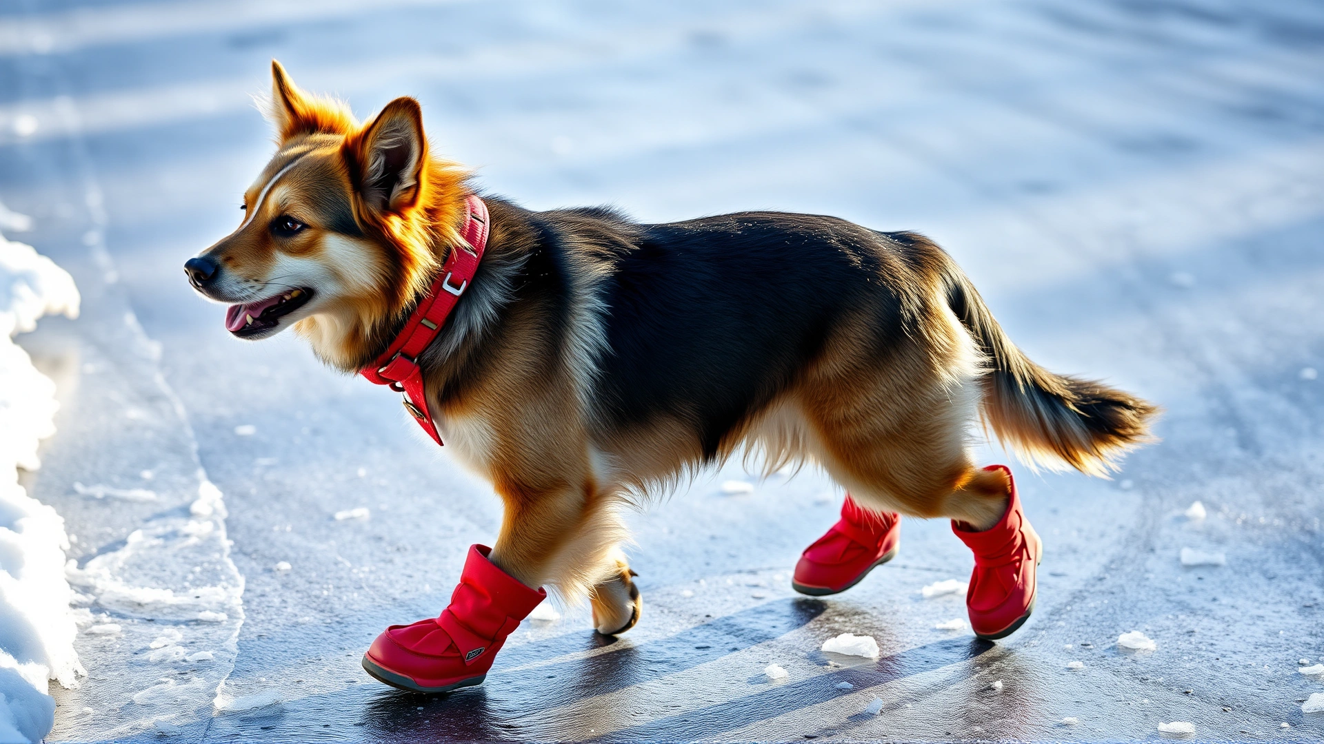 Medium-sized dog wearing red winter booties walking confidently on icy pavement