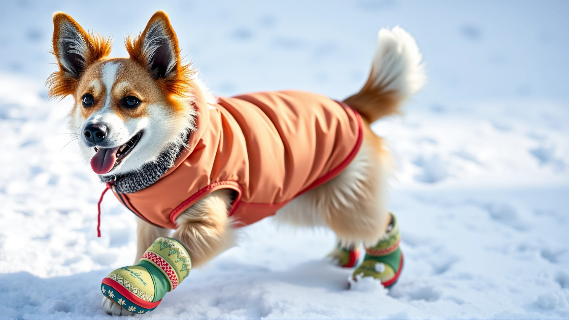 Happy medium-sized dog wearing colorful winter booties and a thermal jacket while walking on fresh snow.
