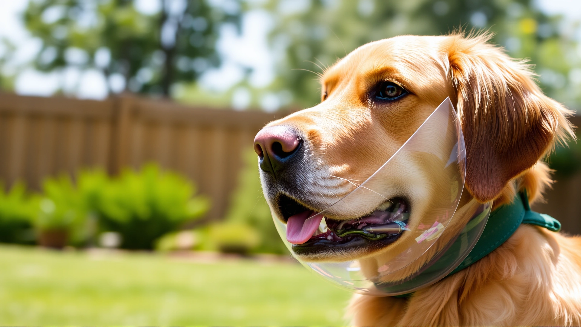 Close-up of a golden retriever wearing a clear plastic Elizabethan collar outdoors in a green backyard, bright daylight, shallow depth of field.