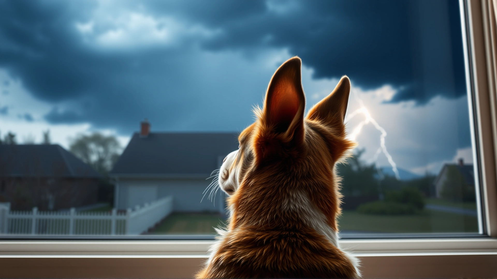 Dog looking out of a living-room window toward a dark, stormy sky with ears perked up, illustrating weather sensing.