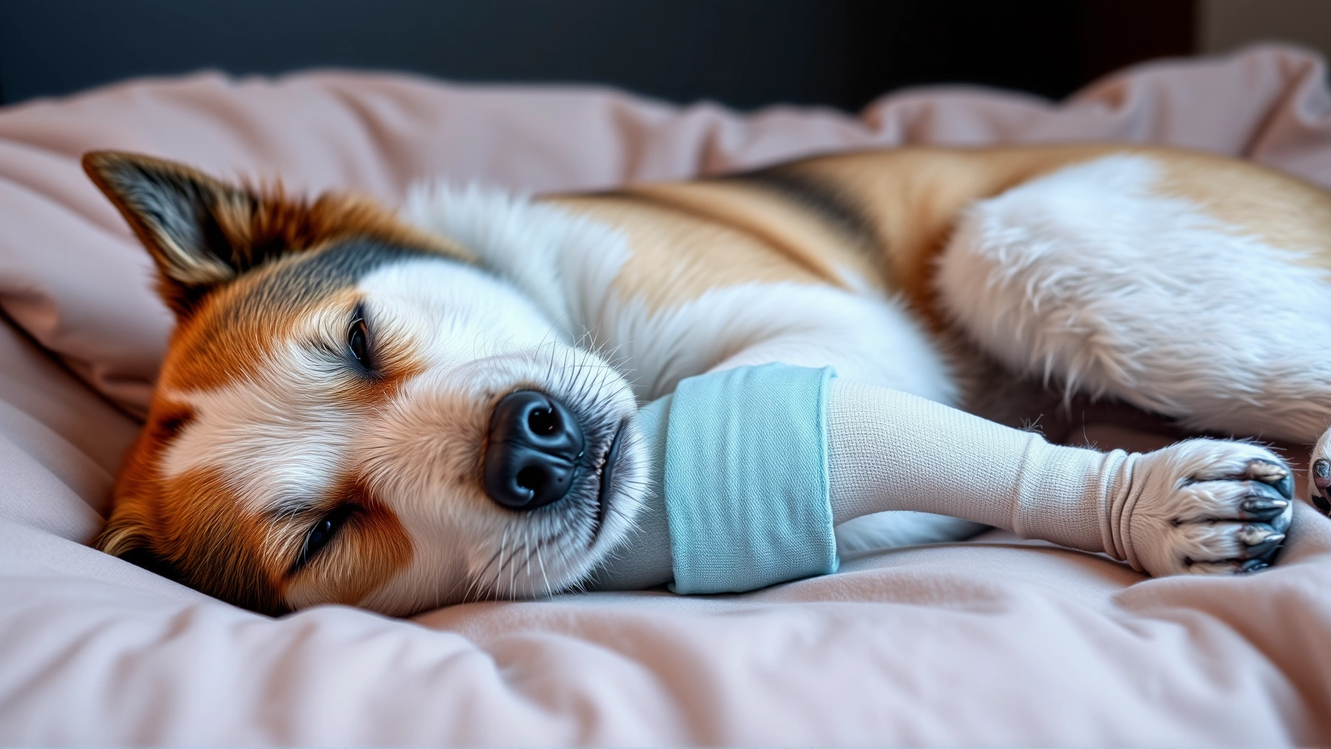 A happy mixed-breed dog lying on a cozy bed with a light-blue bandage wrapped around its foreleg, looking comfortable and calm