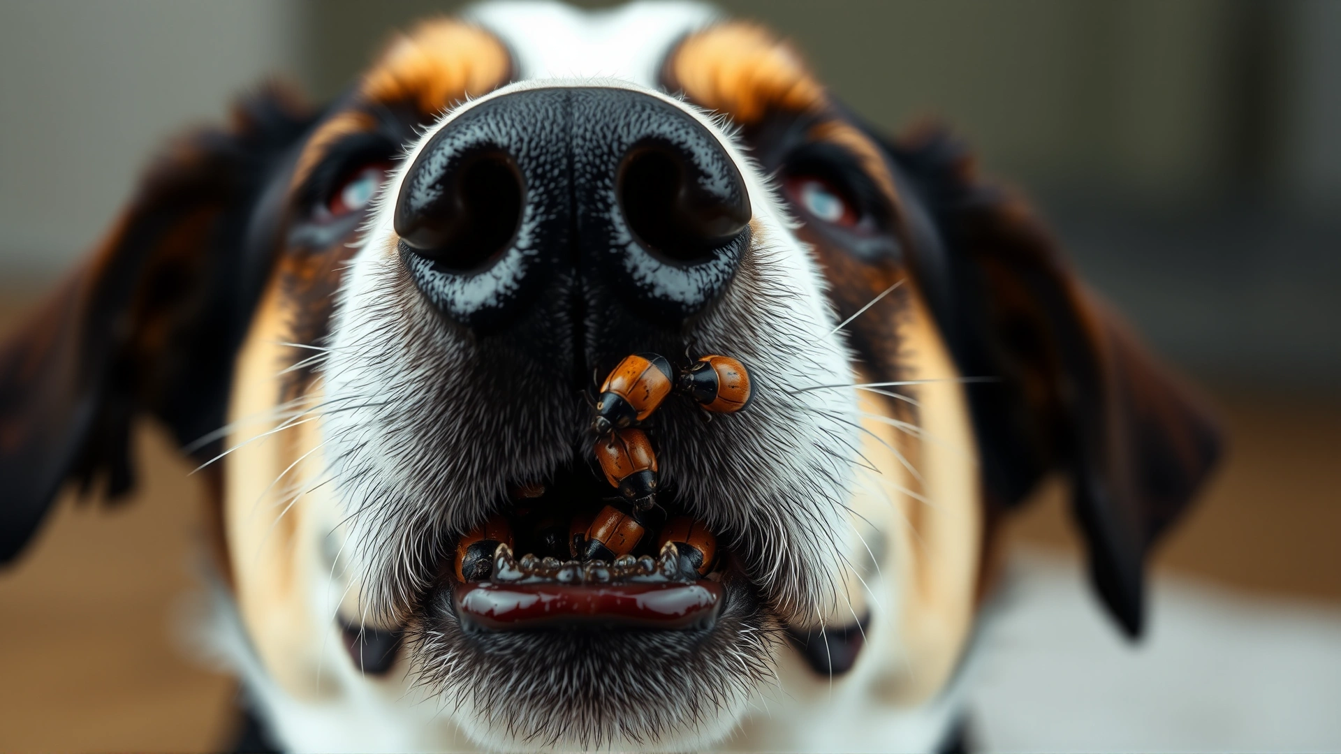 Studio shot of a dog with its mouth slightly open revealing a few Asian lady beetles stuck to the palate, non-gory, illustrating the issue clearly