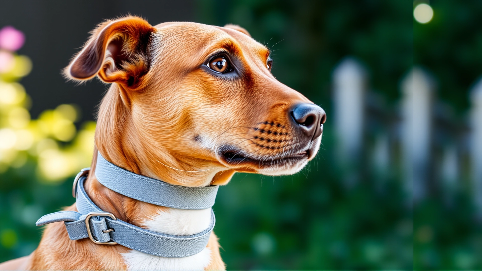 Close-up of a medium-sized brown dog wearing a modern grey flea collar, blurred green garden background, natural lighting