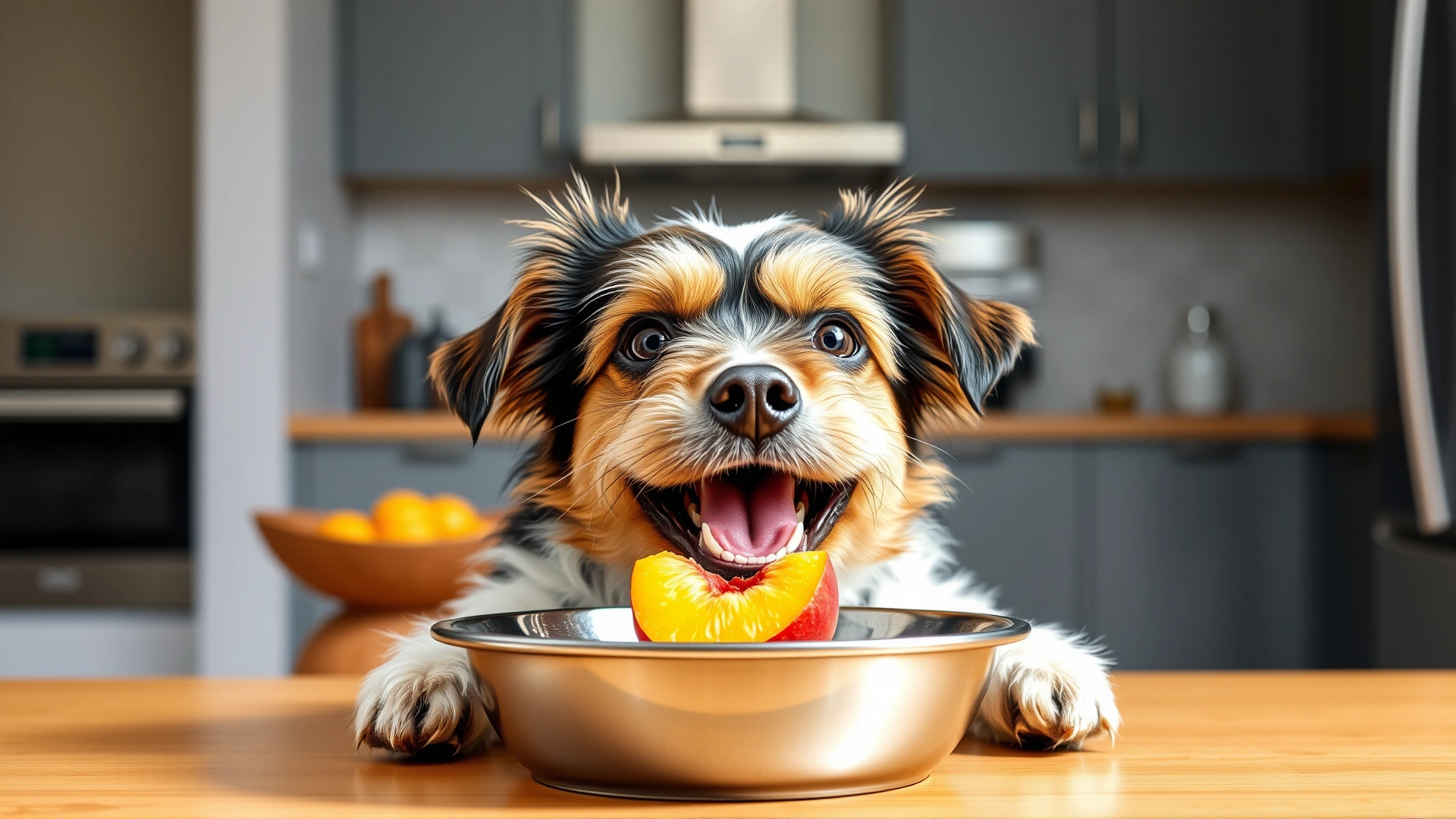 Small mixed-breed dog inside modern kitchen happily chewing a small cube of fresh peach placed in a stainless steel bowl, bright lighting