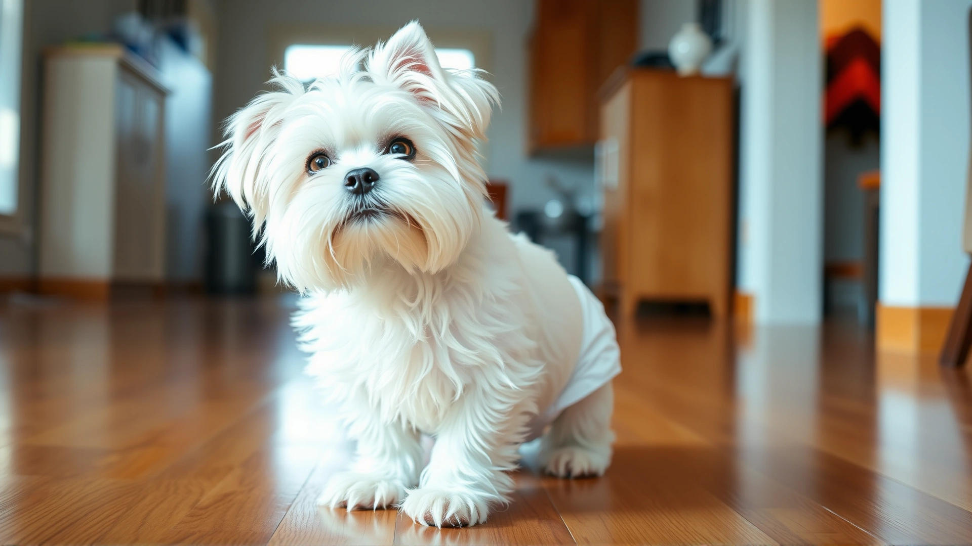 Small white Maltese wearing a disposable dog diaper indoors on a hardwood floor, looking up at the camera with playful eyes, bright natural lighting.
