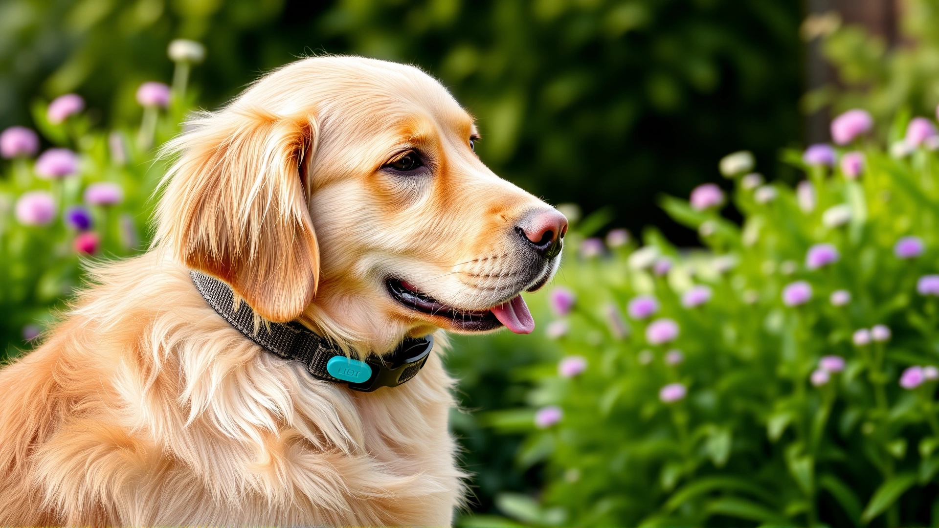 Golden retriever wearing modern tick and flea preventive collar, green garden background